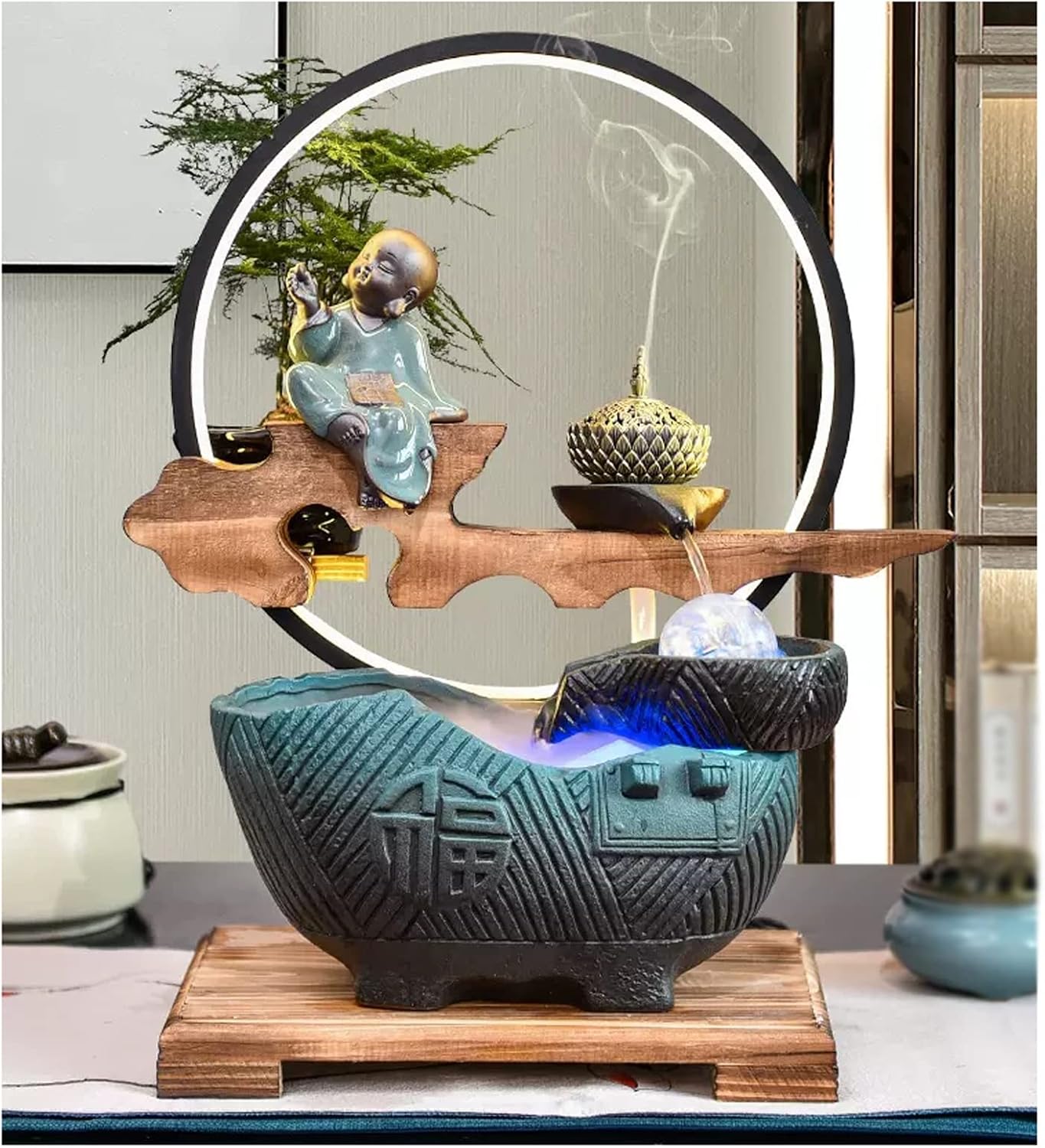 Desktop Fountain Indoor Fountain Tabletop with LED Lights and Rolling Ball Feng Shui Zen Waterfall Fountains Relaxation Water Feature Meditation Desktop for Home Office Decor
