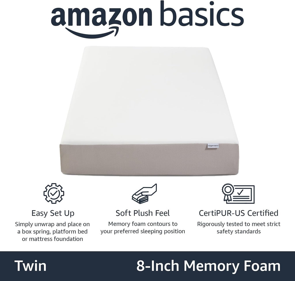 Amazon Basics Memory Foam Mattress, Soft Plush Feel, Breathable, Contours to Body, 8 Inch, Twin, White/Grey