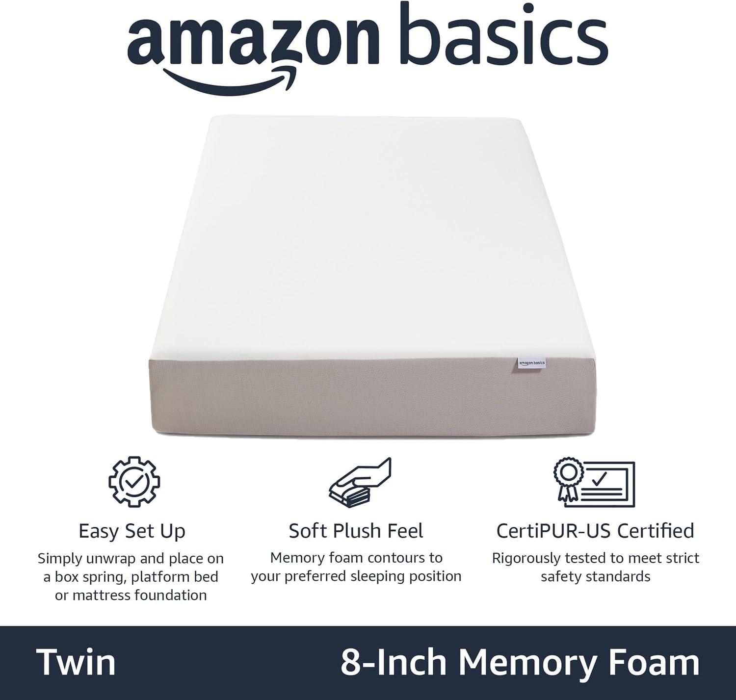 Amazon Basics Memory Foam Mattress, Soft Plush Feel, Breathable, Contours to Body, 8 Inch, Twin, White/Grey