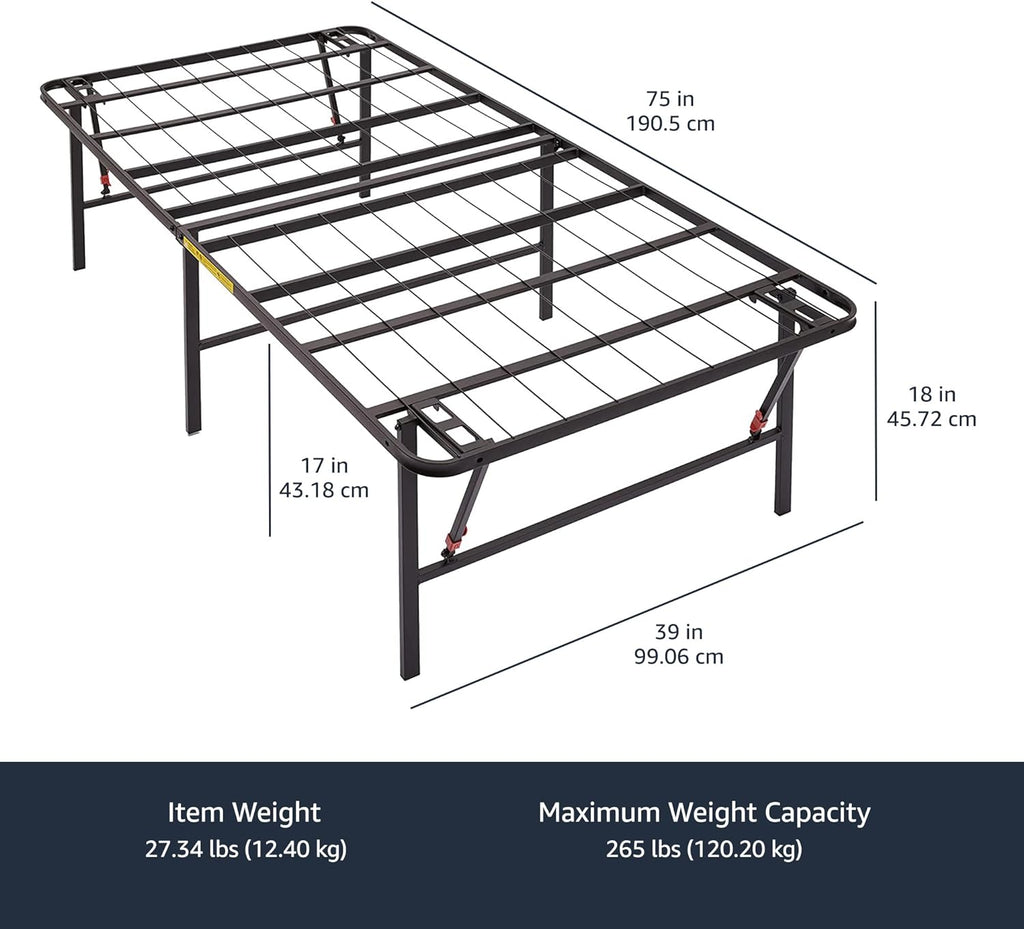 Amazon Basics Foldable Metal Platform Bed Frame, Noise-Free Mattress Foundation with Tool-Free Assembly, 18 Inches High, Sturdy Steel Frame, No Box Spring Needed, Twin Size, Black
