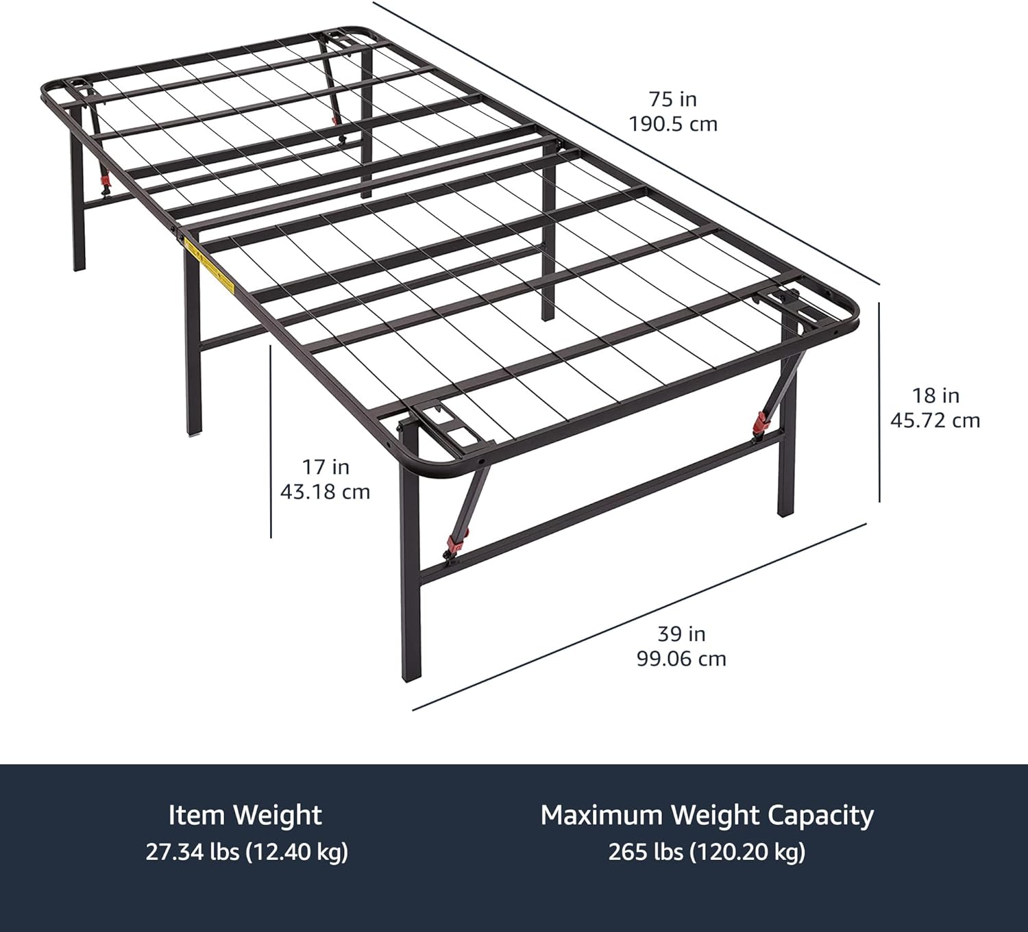 Amazon Basics Foldable Metal Platform Bed Frame, Noise-Free Mattress Foundation with Tool-Free Assembly, 18 Inches High, Sturdy Steel Frame, No Box Spring Needed, Twin Size, Black