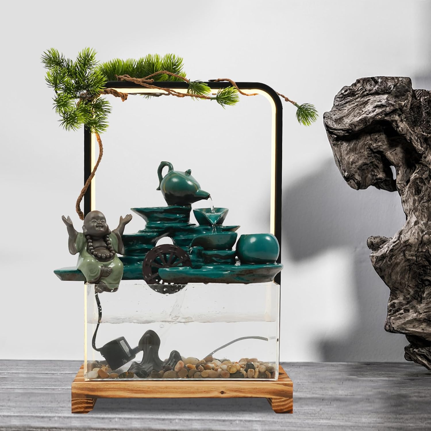Tabletop Water Fountains, H18in Indoor Waterfall Clear Fish Tank, Backflow Incense Holder Feng Shui Decor for Meditation Living Room, Fish Tank Size W10*D4.7*H5in