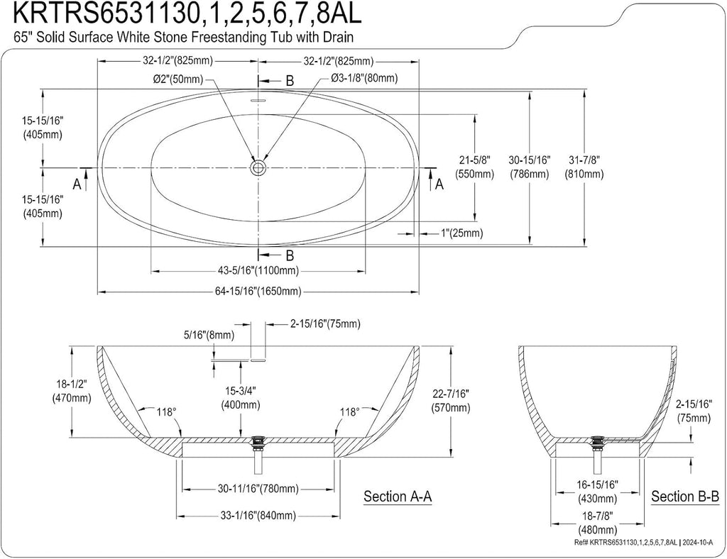 Kingston Brass KRTRS6531135AL 65' Solid Surface Oval Double Ended Freestanding Tub with Faucet Combo and Drain, Oil Rubbed Bronze