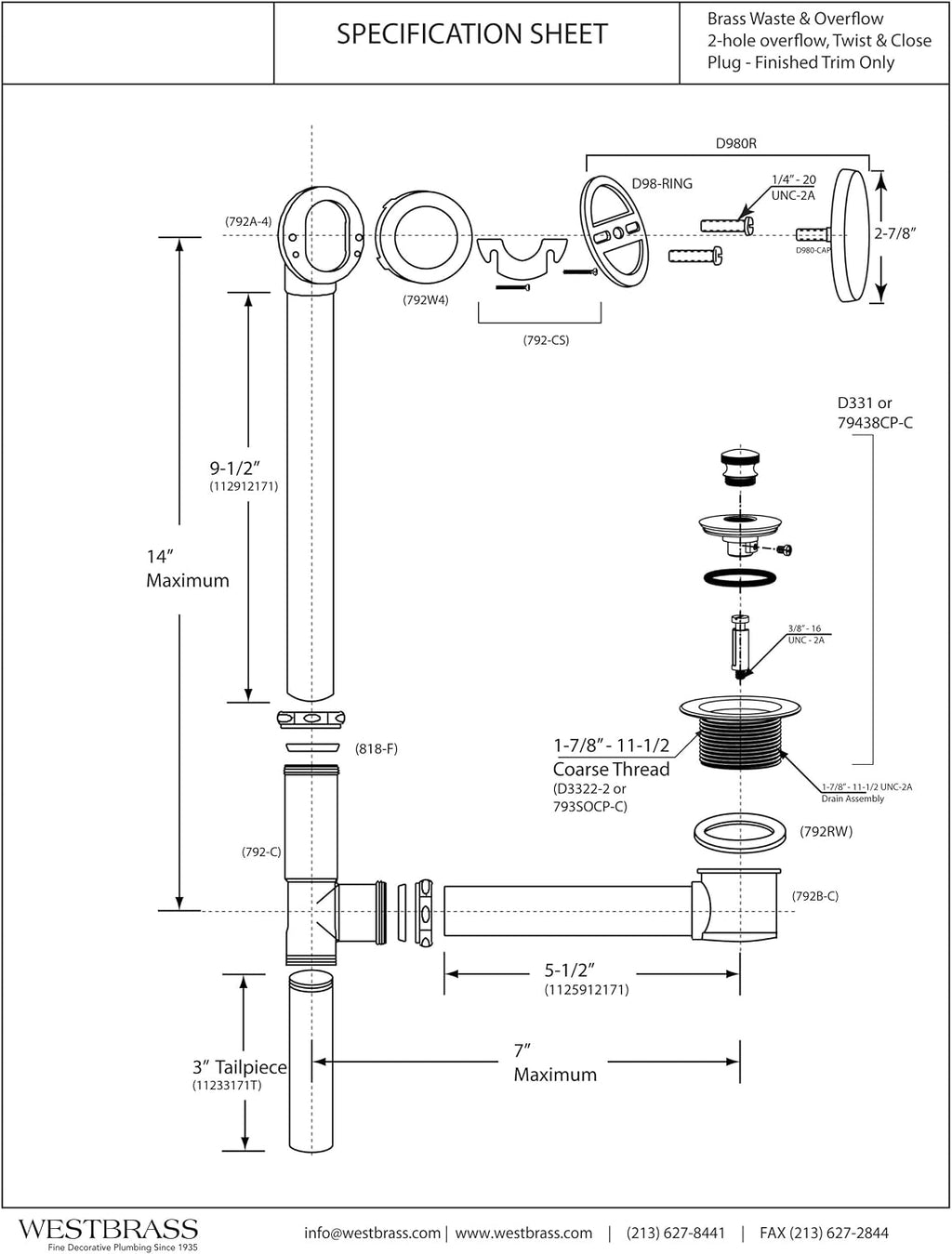 Westbrass A321H-12 14' Brass Bath Waste & Overflow Assembly with Twist & Close Drain Plug and Illusionary Faceplate, Oil Rubbed Bronze
