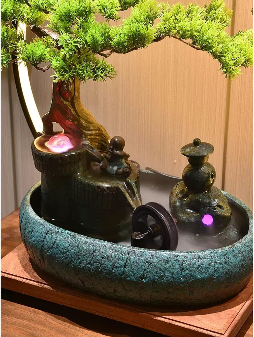 Desktop Fountain Ceramic Tabletop Fountain with LED Lighting Rockery Water Features Zen Cascading Feng Shui Waterfall Table Ornaments for Living Room Office(Green)