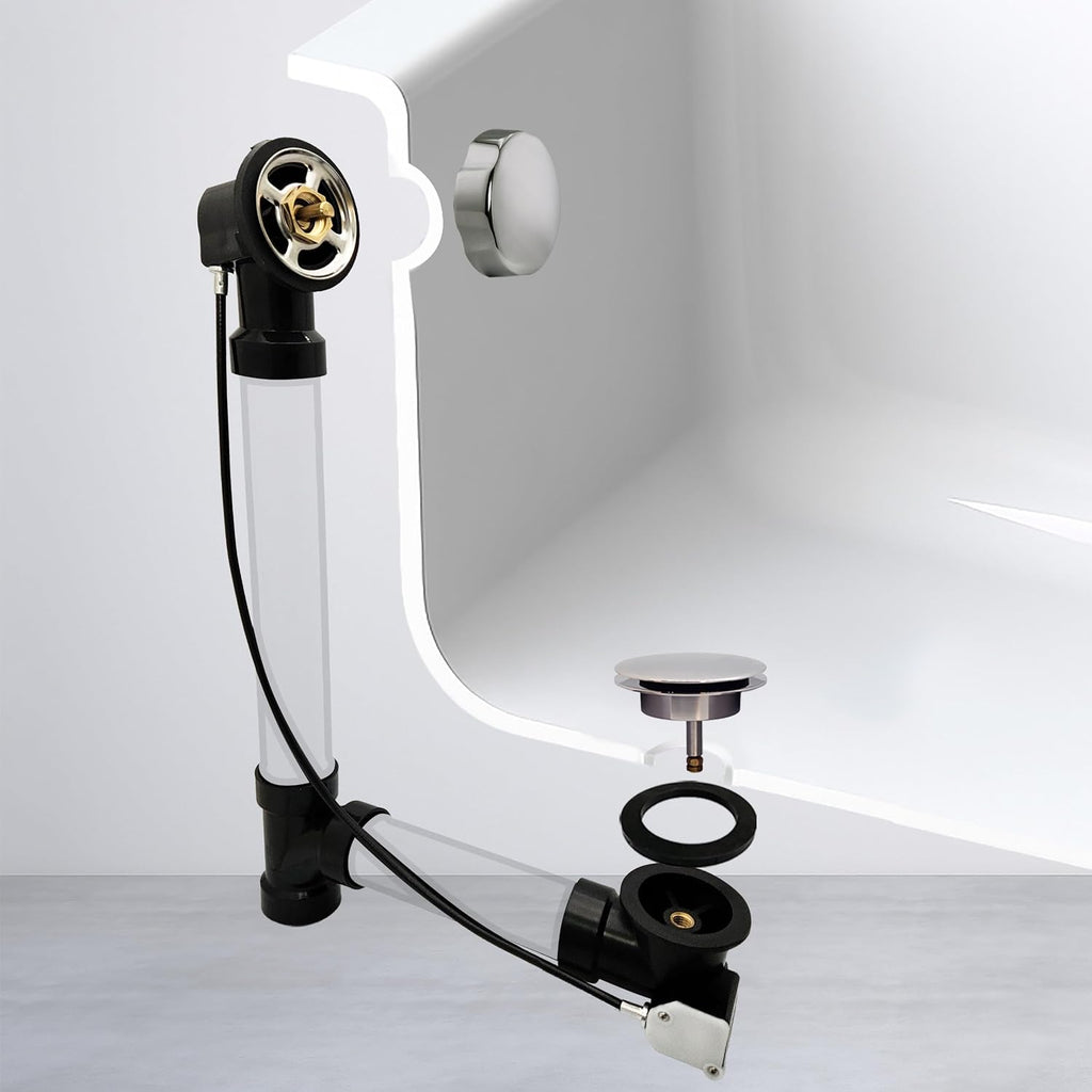 Westbrass A50A35-05 35' SCH. 40 ABS Cable Driven Bath Drain Trim Kit with Rotary Overflow Cover Knob and Pop-Up Stopper, Polished Nickel