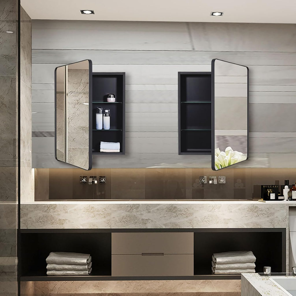 IDYLLOR Black Bathroom Mirror Medicine Cabinet with Round Corner Framed Door 20 x 26 inch, Recessed or Surface Mount, with Adjustable Glass Shelves
