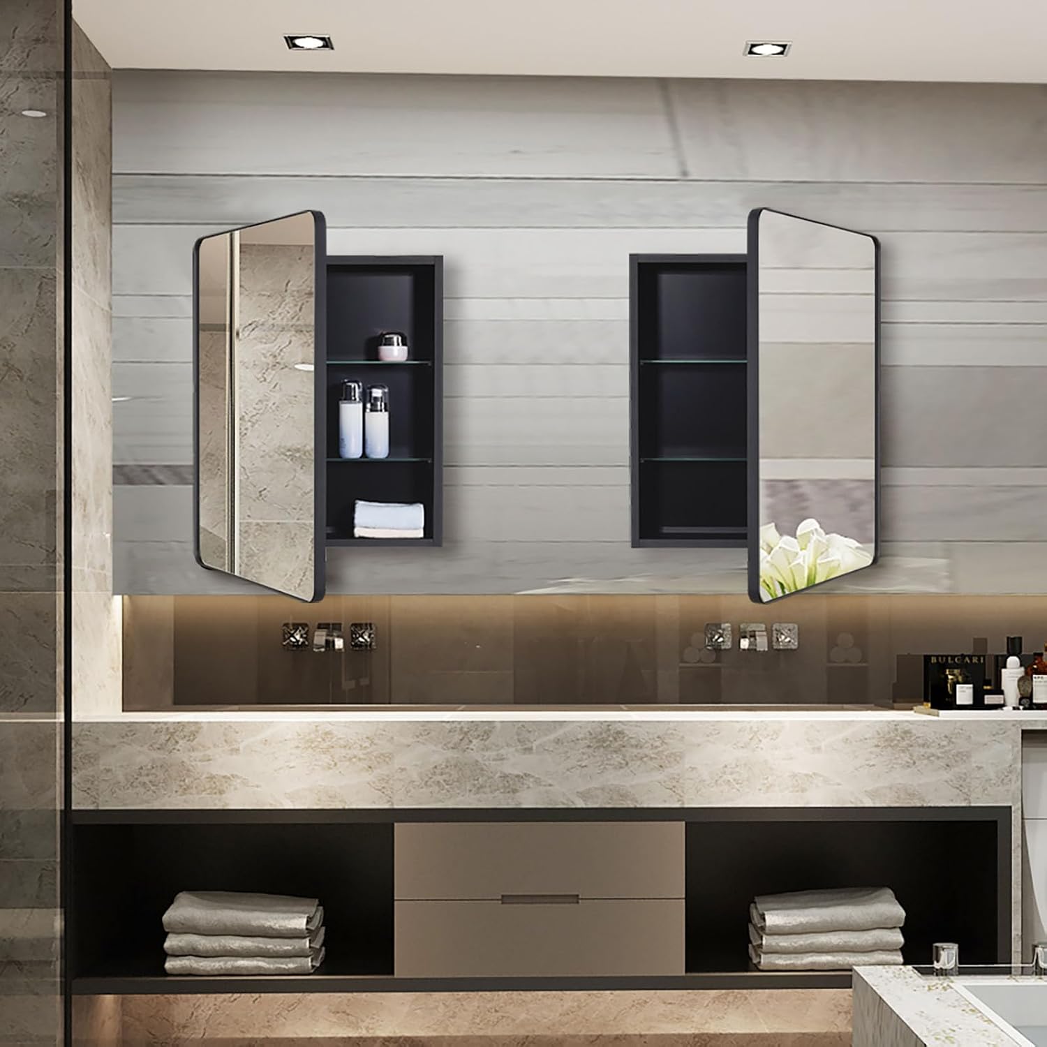 IDYLLOR Black Bathroom Mirror Medicine Cabinet with Round Corner Framed Door 20 x 26 inch, Recessed or Surface Mount, with Adjustable Glass Shelves