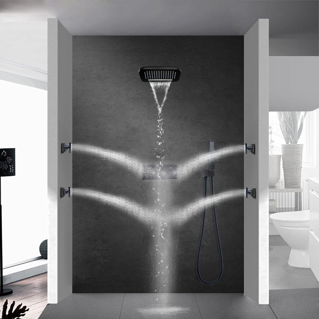 Waterfall Rain Shower System Wall Mounted Brass Shower Head and Handheld Sprays Massage Spa Body Combo Set (Matte Black)