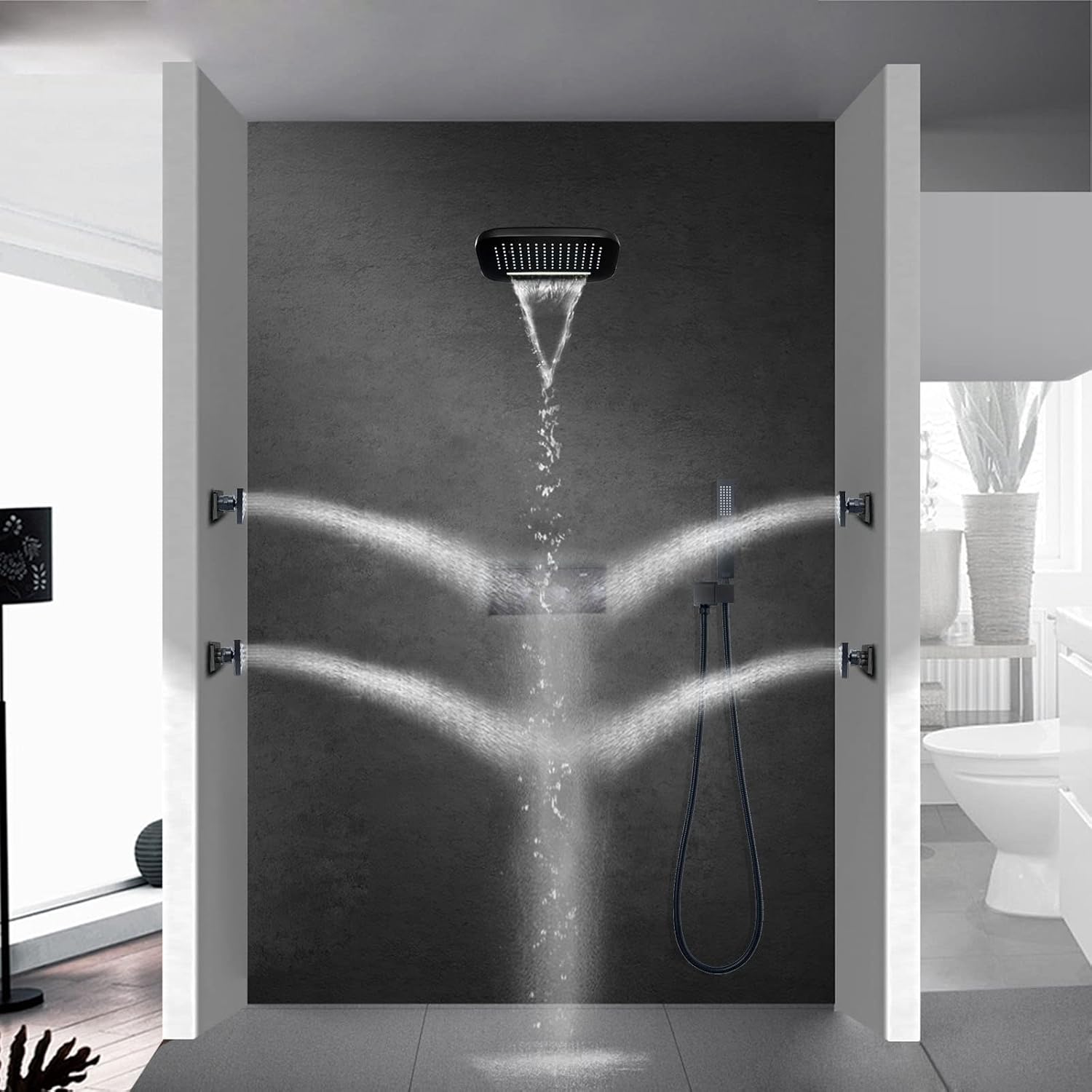 Waterfall Rain Shower System Wall Mounted Brass Shower Head and Handheld Sprays Massage Spa Body Combo Set (Matte Black)