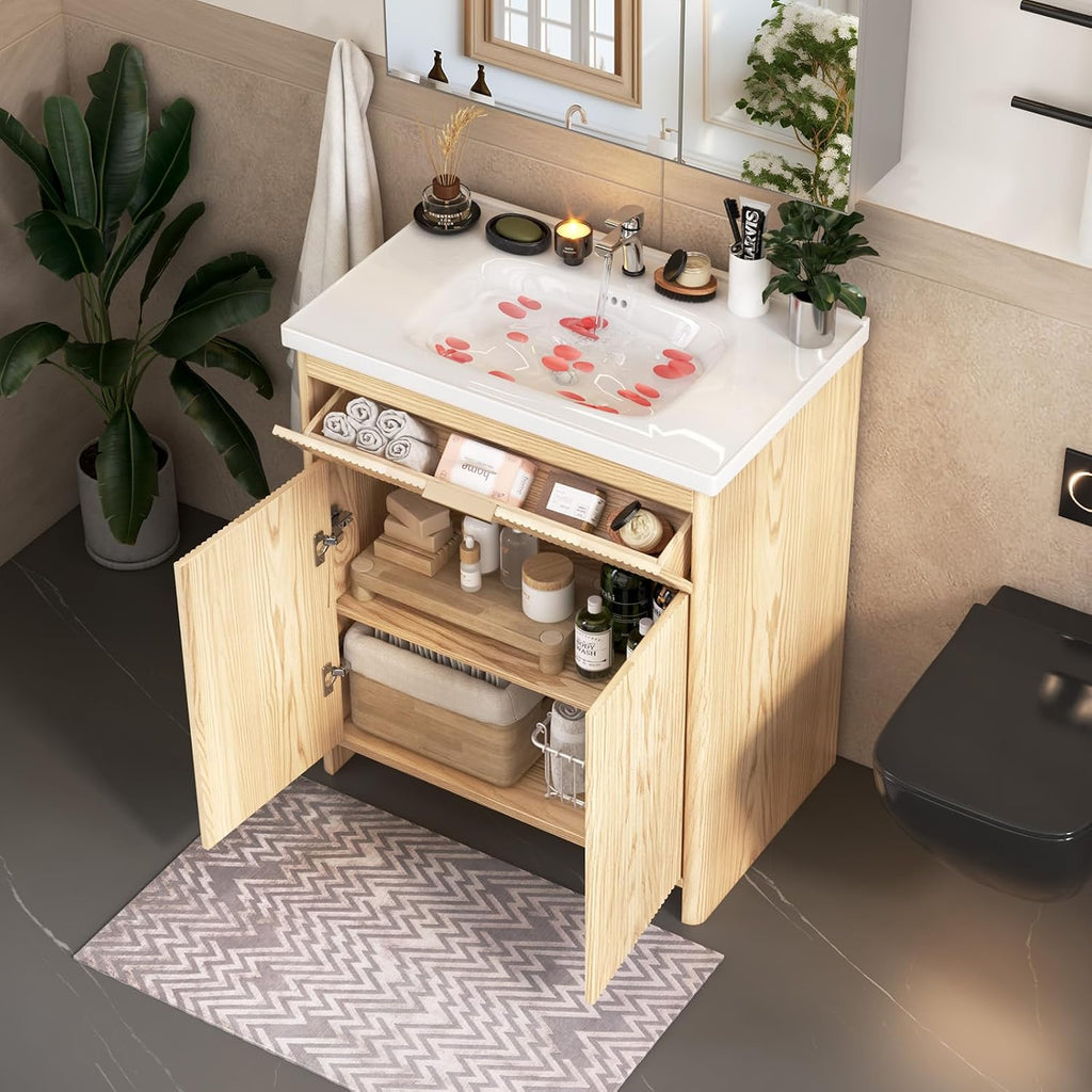 30'' Bathroom Vanity with Ceramic Single Sink Combo, Small Freestanding Bathroom Storage Vanity Cabinet with Drawer & Cabinet, Metal Handle,Natural Oak