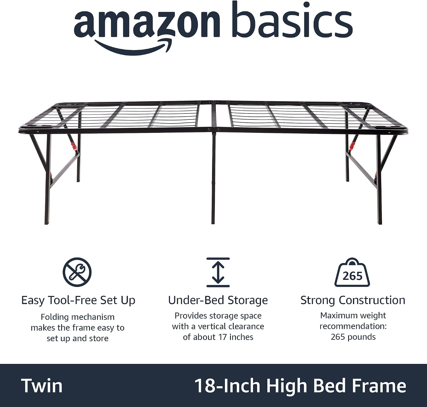 Amazon Basics Foldable Metal Platform Bed Frame, Noise-Free Mattress Foundation with Tool-Free Assembly, 18 Inches High, Sturdy Steel Frame, No Box Spring Needed, Twin Size, Black