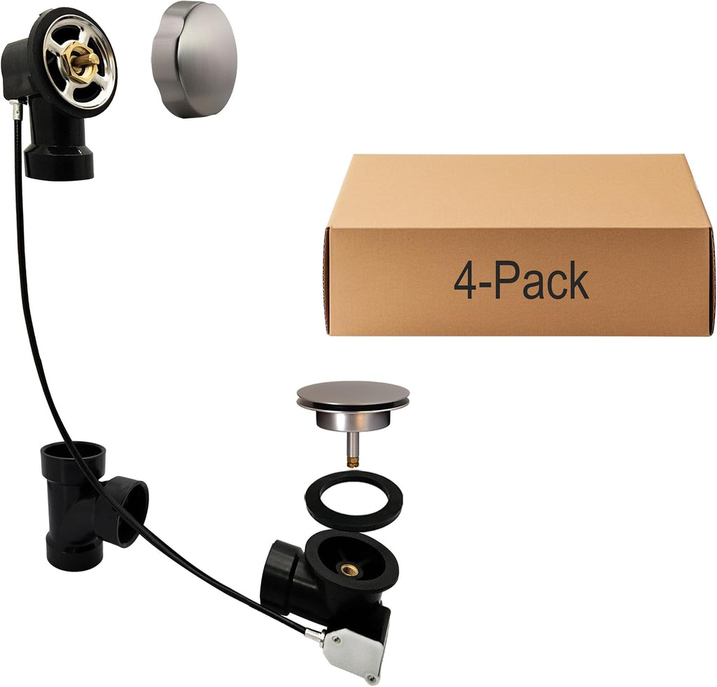 Westbrass D50A27-07 27' Cable Drive Standard Bath Drain Trim Kit with Rotary Overflow Cover Knob, Pop-Up Stopper and Sch. 40 ABS Fittings, Satin Nickel (4-Pack)