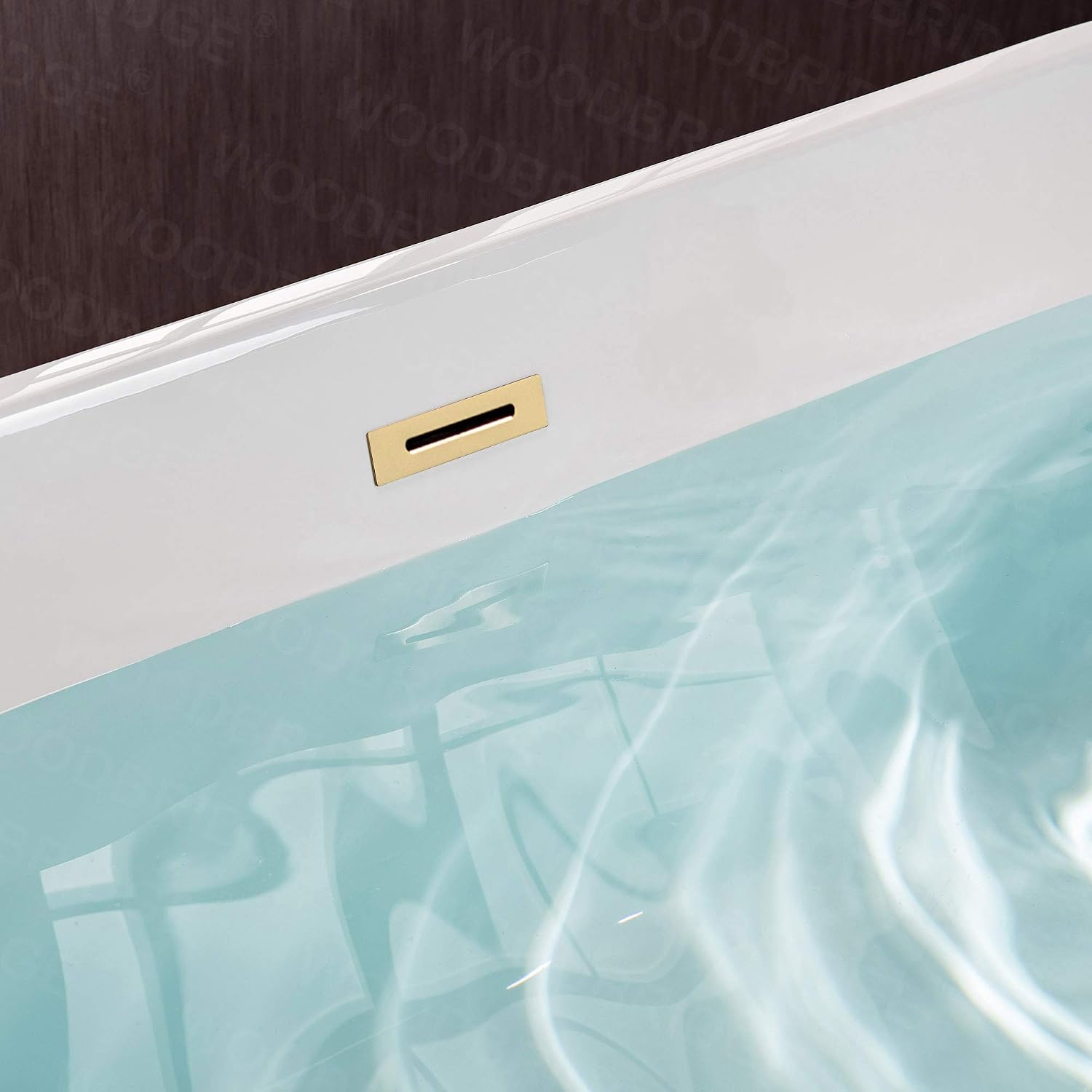 WOODBRIDGE 67' Acrylic Freestanding Bathtub Contemporary Soaking White Tub with Brushed Gold Overflow and Drain，B0013 -BG-Drain &O
