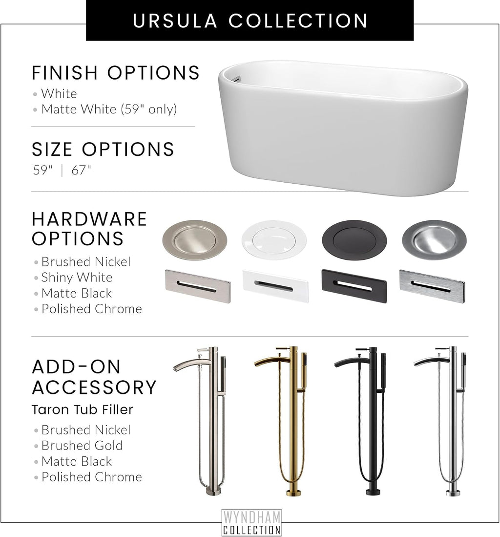 Ursula 59 inch Freestanding Bathtub in White with Polished Chrome Drain and Overflow Trim