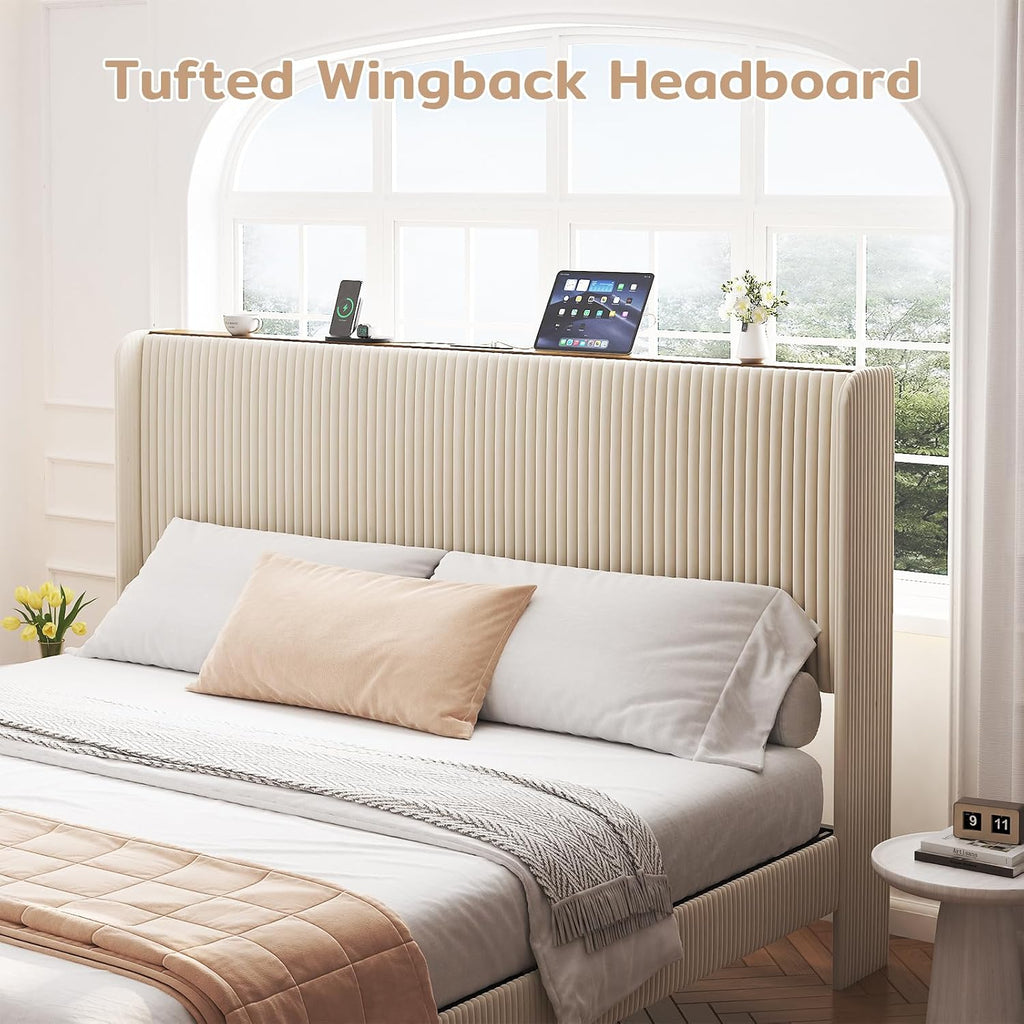 Zevemomo Queen Size Bed Frame with Headboard, Velvet Wingback Storage Headboard, Queen Platform Bed Frames with Charging Station & LED Light, Underbed Storage Space, Beige