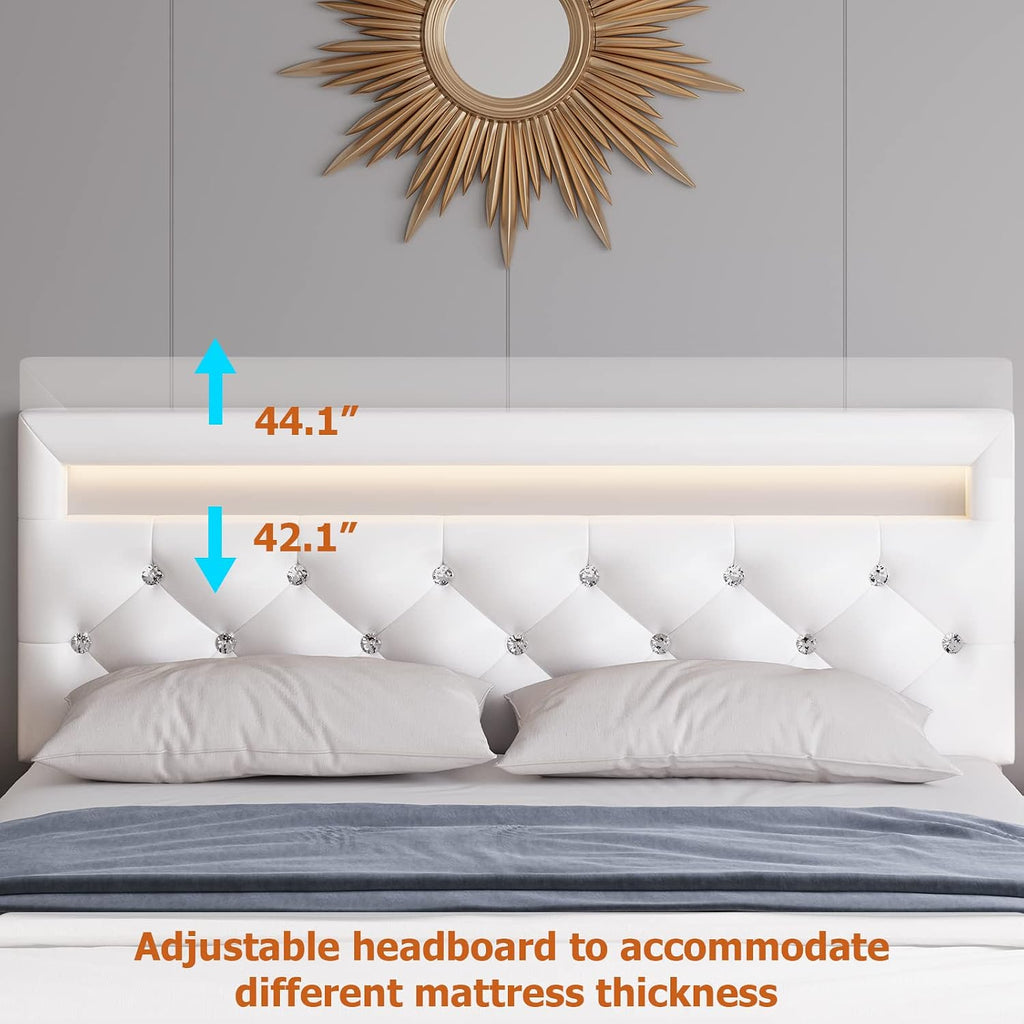 Keyluv Modern Upholstered Queen Bed Frame with LED Lights, Faux Leather Low Profile Platform Bed Frame, Adjustable Crystal Button Tufted Headboard, Strong Wood Slat Support, Easy Assembly, White
