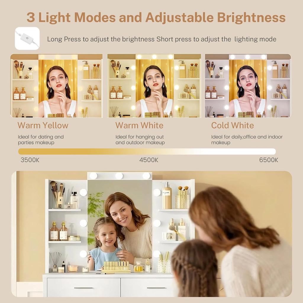 Quimoo 43.3' W Vanity Desk with Mirror and 9 LED Lights, Makeup Vanity with 6 Drawers, 6 Open Shelves, White Vanity for Women Girls, 43.3' W x 13.8' D x 54.3'
