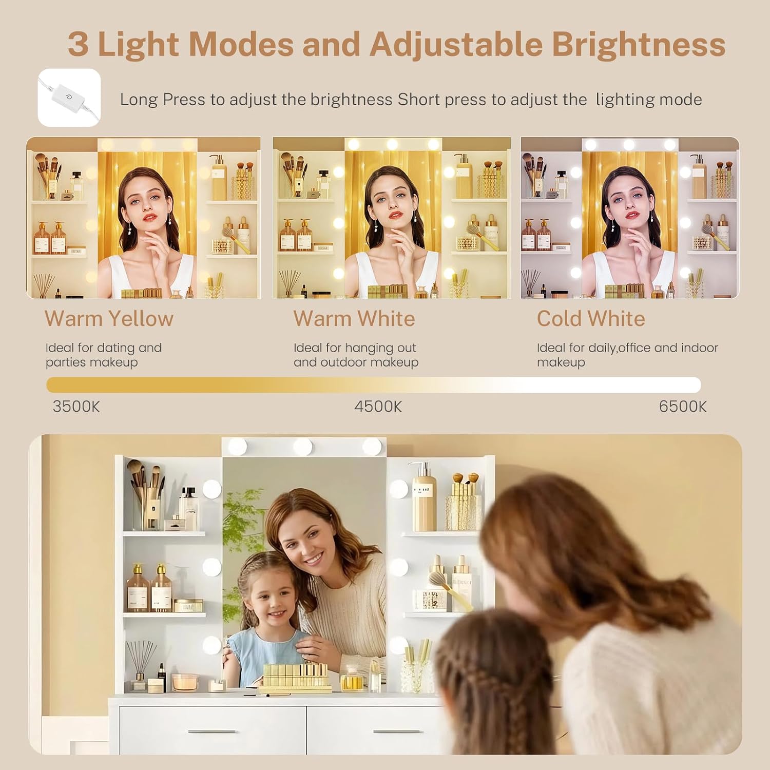 Quimoo 43.3' W Vanity Desk with Mirror and 9 LED Lights, Makeup Vanity with 6 Drawers, 6 Open Shelves, White Vanity for Women Girls, 43.3' W x 13.8' D x 54.3'