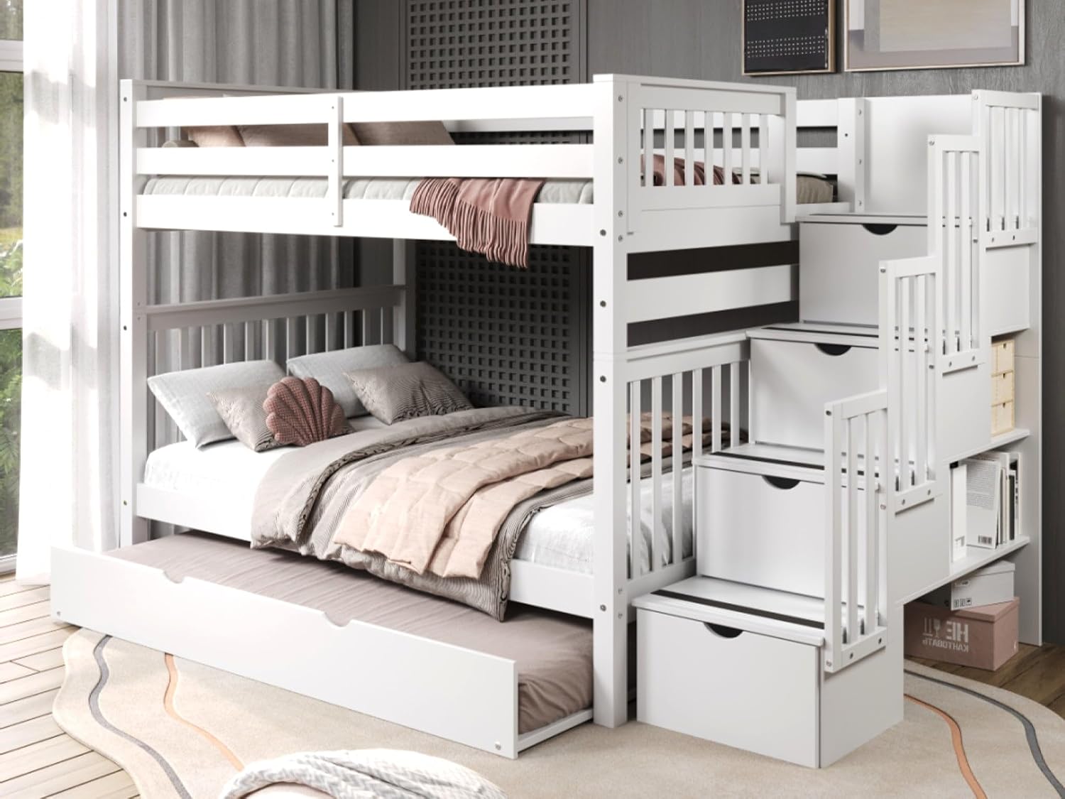 Bedz King Stairway Bunk Beds Full Over Full, 4 Step Drawers, Twin Trundle, White