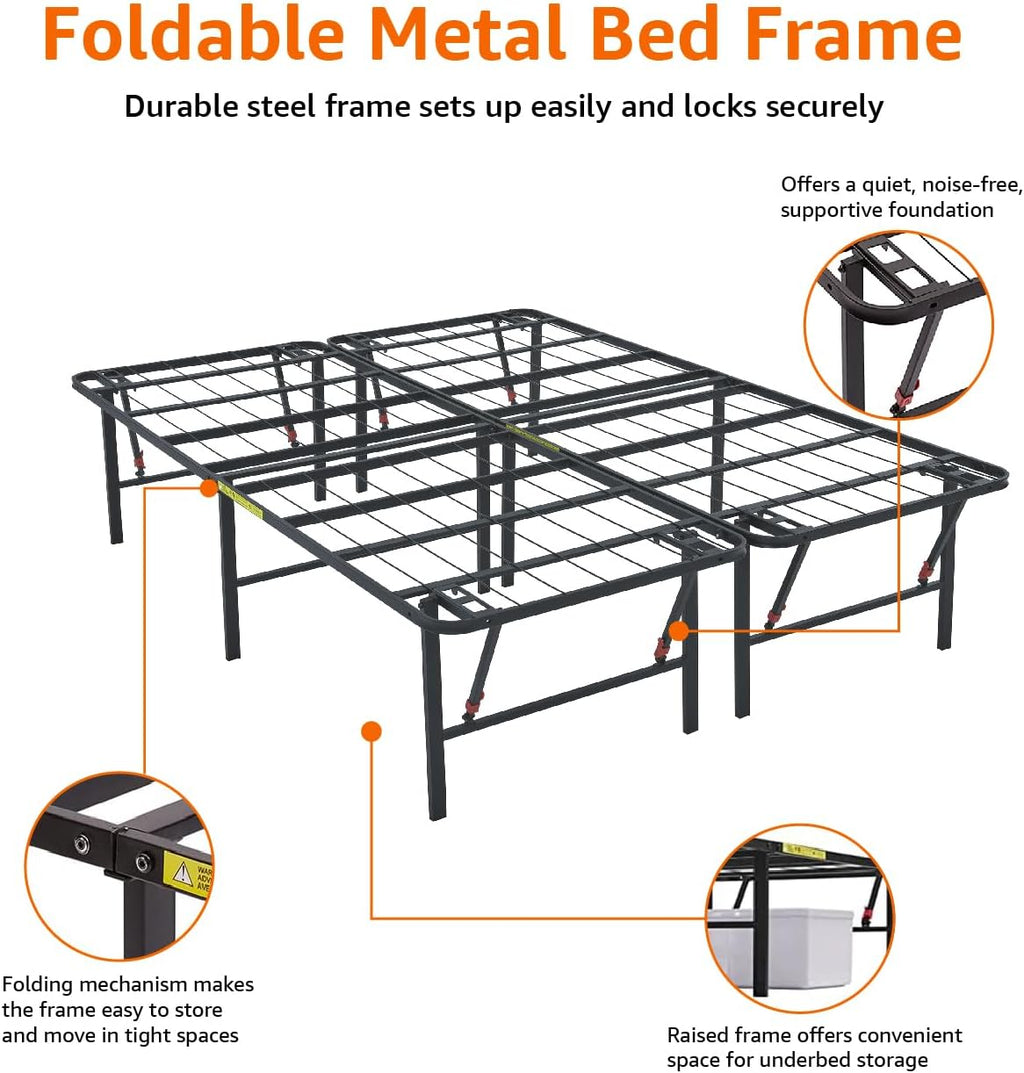 Amazon Basics Foldable Metal Platform Bed Frame with Storage Space, Sturdy Steel, No Box Spring Needed, 18 Inches High, Tool-Free Setup, Noise Free, King Size, Black