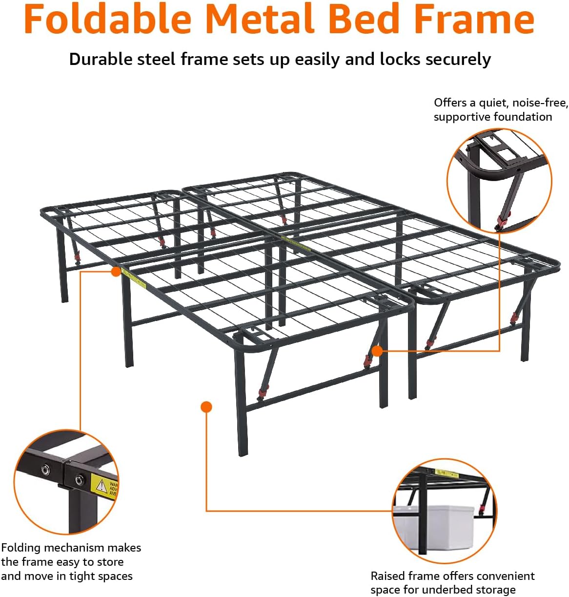 Amazon Basics Foldable Metal Platform Bed Frame with Storage Space, Sturdy Steel, No Box Spring Needed, 18 Inches High, Tool-Free Setup, Noise Free, King Size, Black