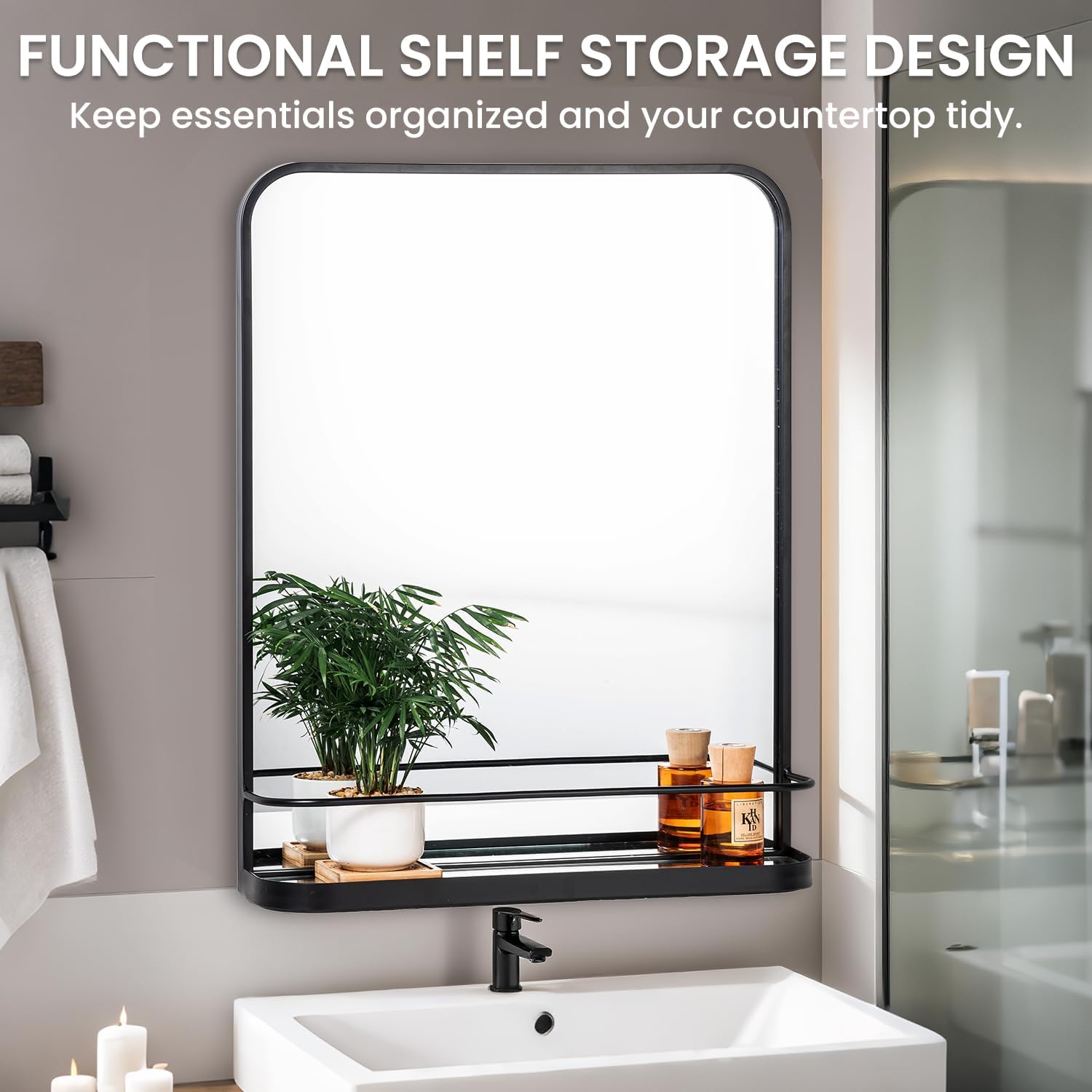 VASUHOME Black Bathroom Mirror with Shelf, 32'x22' Wall Mounted Vanity Mirror with Metal Frame & Rounded Corners, Storage Shelf for Bathroom, Bedroom, Living Room, Entryway