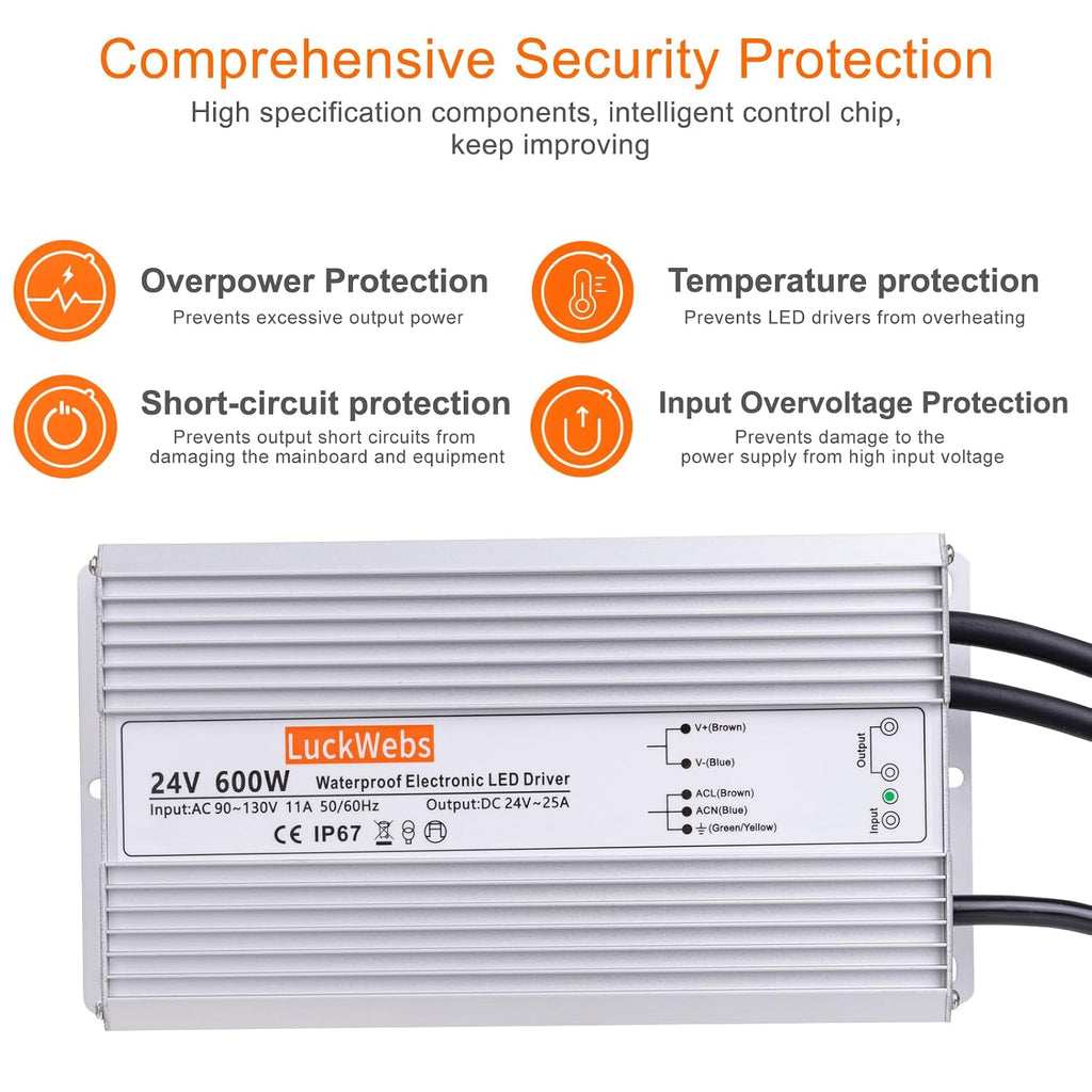 LED Driver 24V 600W Waterproof Power Supply AC 90-130V to DC 24V25A Low-Voltage IP67 Switching Power Supply Landscaping Decorative Lighting LED Waterproof Transformer