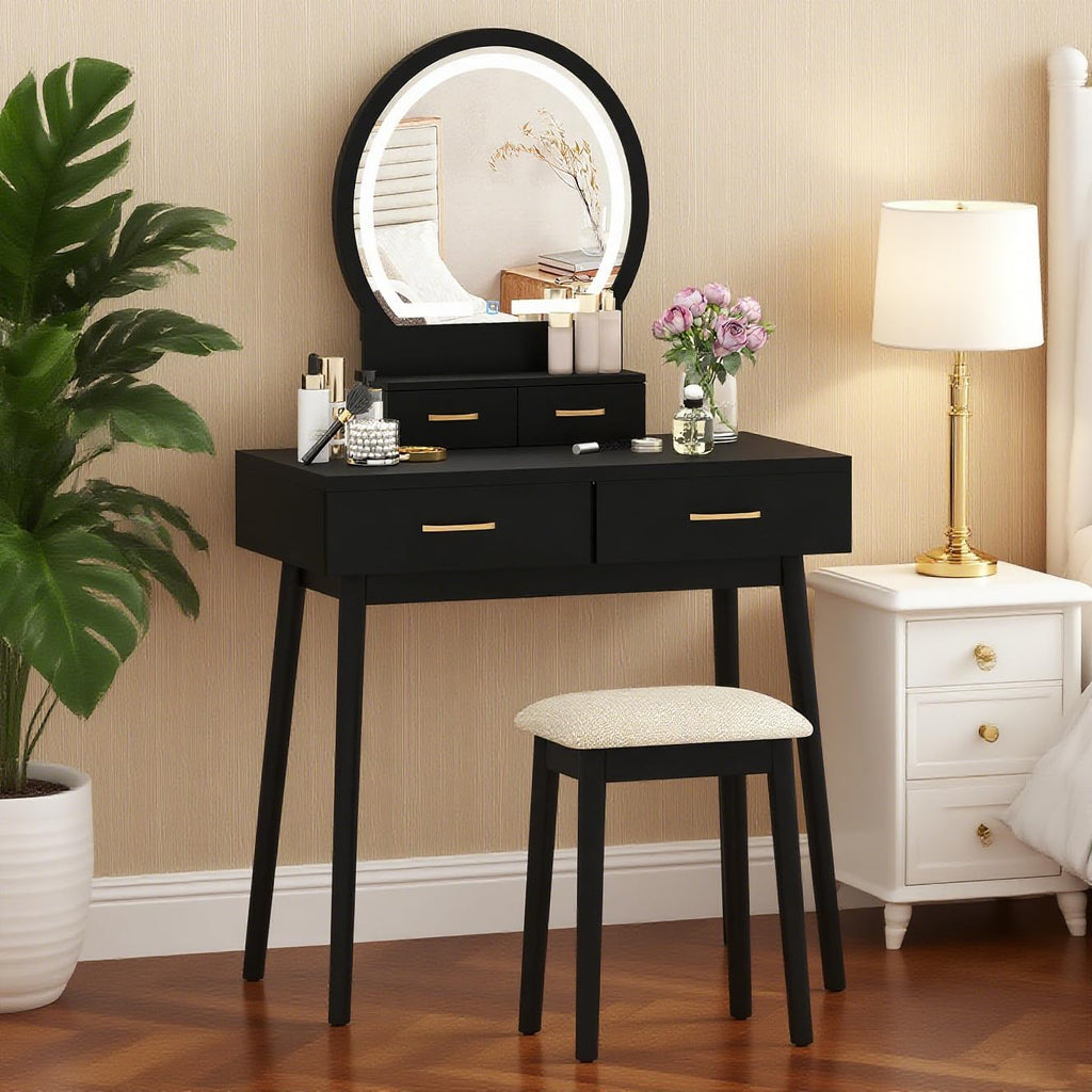 COSTWAY Small Vanity Desk with Mirror and Lights, Makeup Table with 4 Drawers, Vanity Stool, Round Lighted Mirror, 3 Color Modes, Dressing Table Set for Bedroom Small Space (Black)