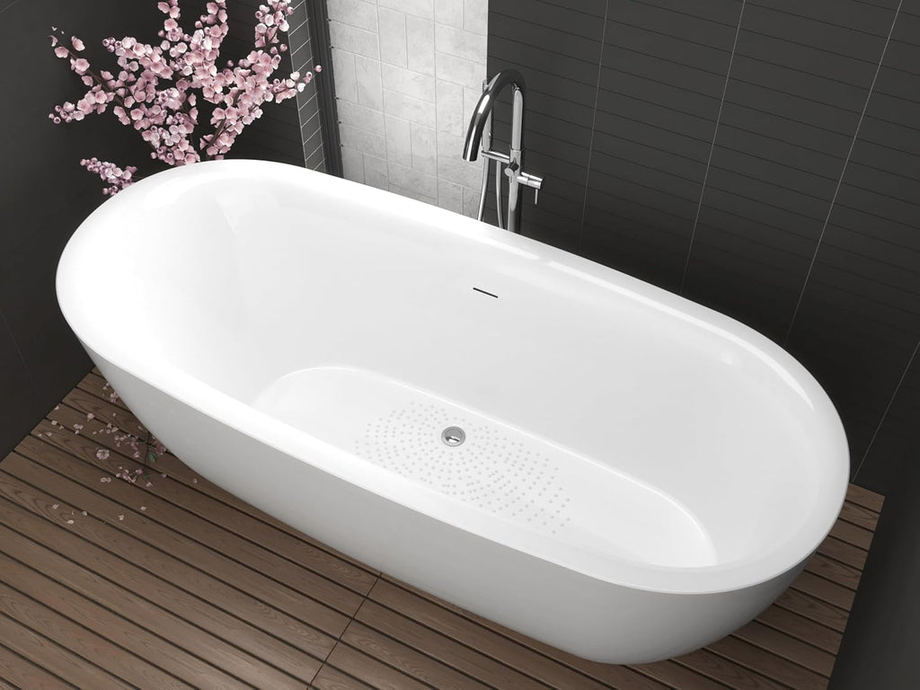 ANZZI Freestanding Bathtub 67 in Acrylic Glossy White Flat Bottom Soaking Tub, Ami Series One-Piece, Center Drain, Polished Chrome Overflow, Slip-Resistant Floor, Leveling Adjustable Feet | FT-AZ401