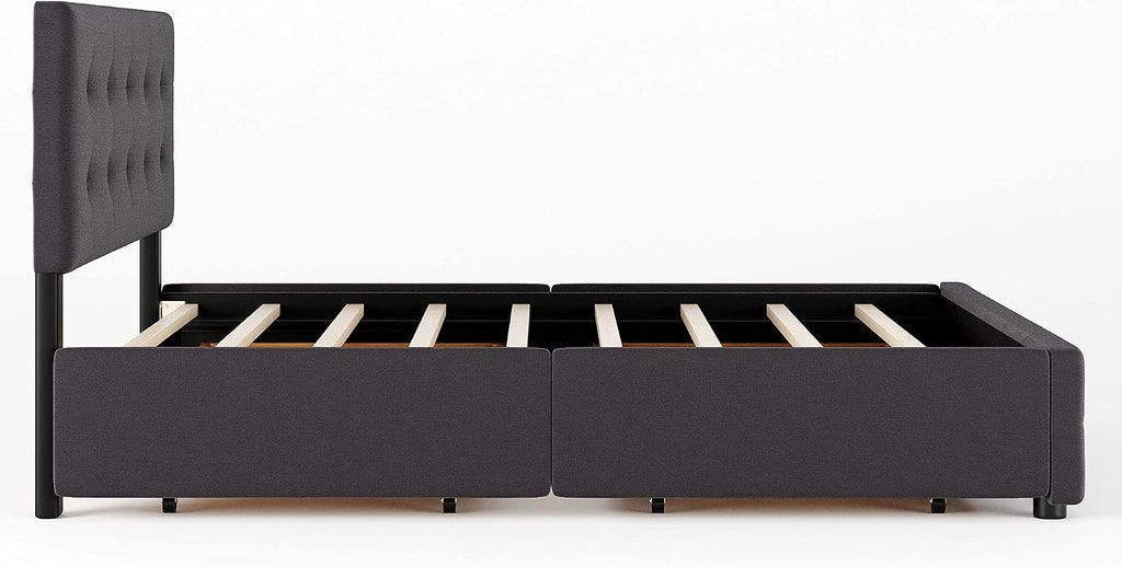 Merax Queen Size Linen Fabric Upholstered Platform Bed with 4 Storage Drawers and Classic Button Tufted Headboard, No Box Spring Needed, Dark Gray