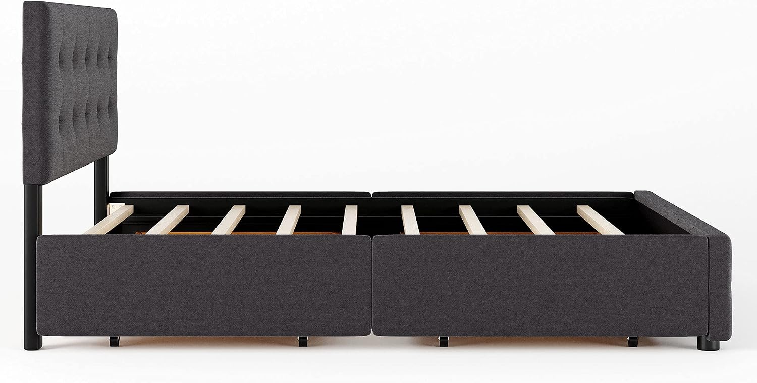 Merax Queen Size Linen Fabric Upholstered Platform Bed with 4 Storage Drawers and Classic Button Tufted Headboard, No Box Spring Needed, Dark Gray