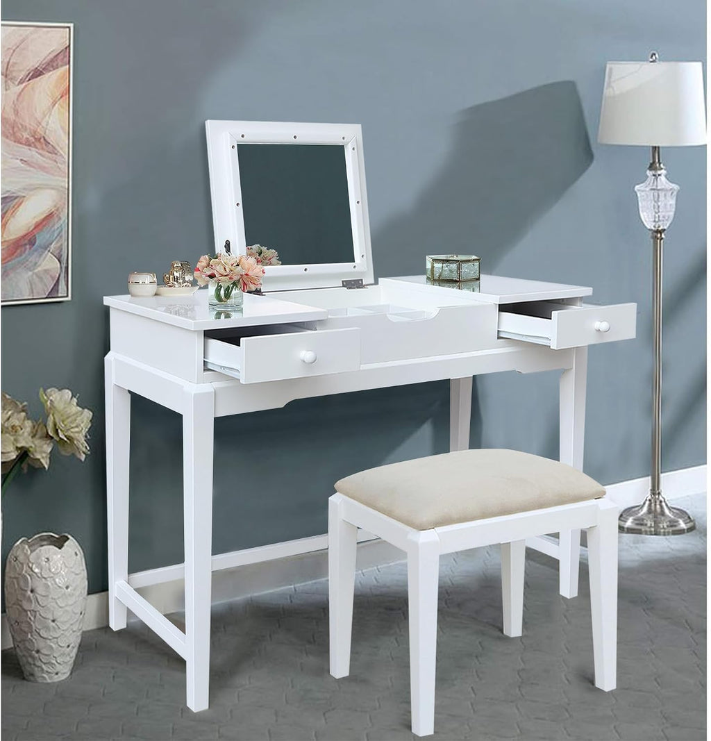 International Concepts Solid Wood Vanity Table with Bench in White