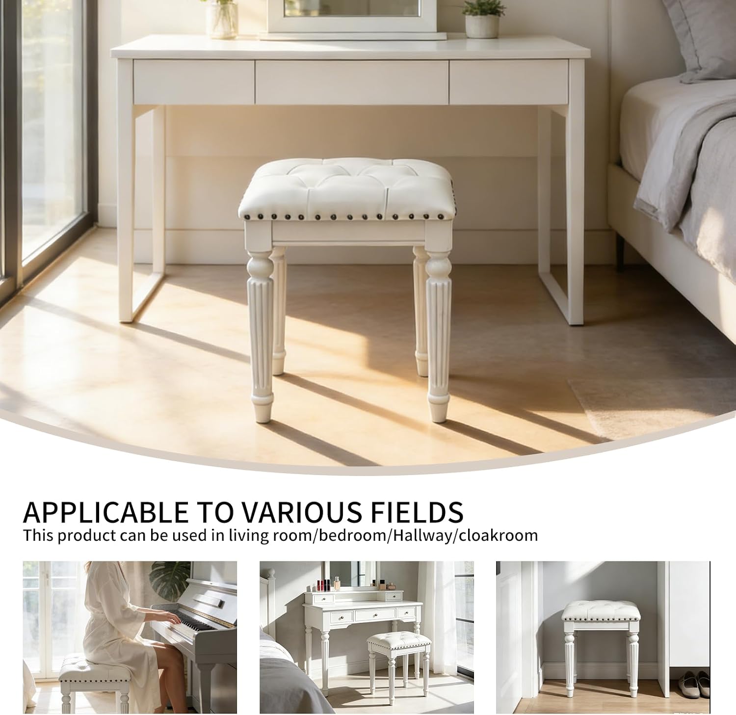 Vanity Stool with White Faux Leather Cushion, Small Vanity Bench-Tufted Leatherette Seat with Nailhead Trim & Button-Tufted Design,Solid Wood Legs with Carved Detail, Backless Makeup Stool for Bedroom