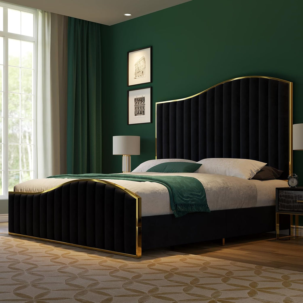HOWE Queen Size Harp Bed Frame with 61.4' Extra Tall Curved Headboard, Velvet Upholstered Platform Bed with Gold Trim Accented Footboard, No Box Spring Needed, Wooden Slat Support, Black