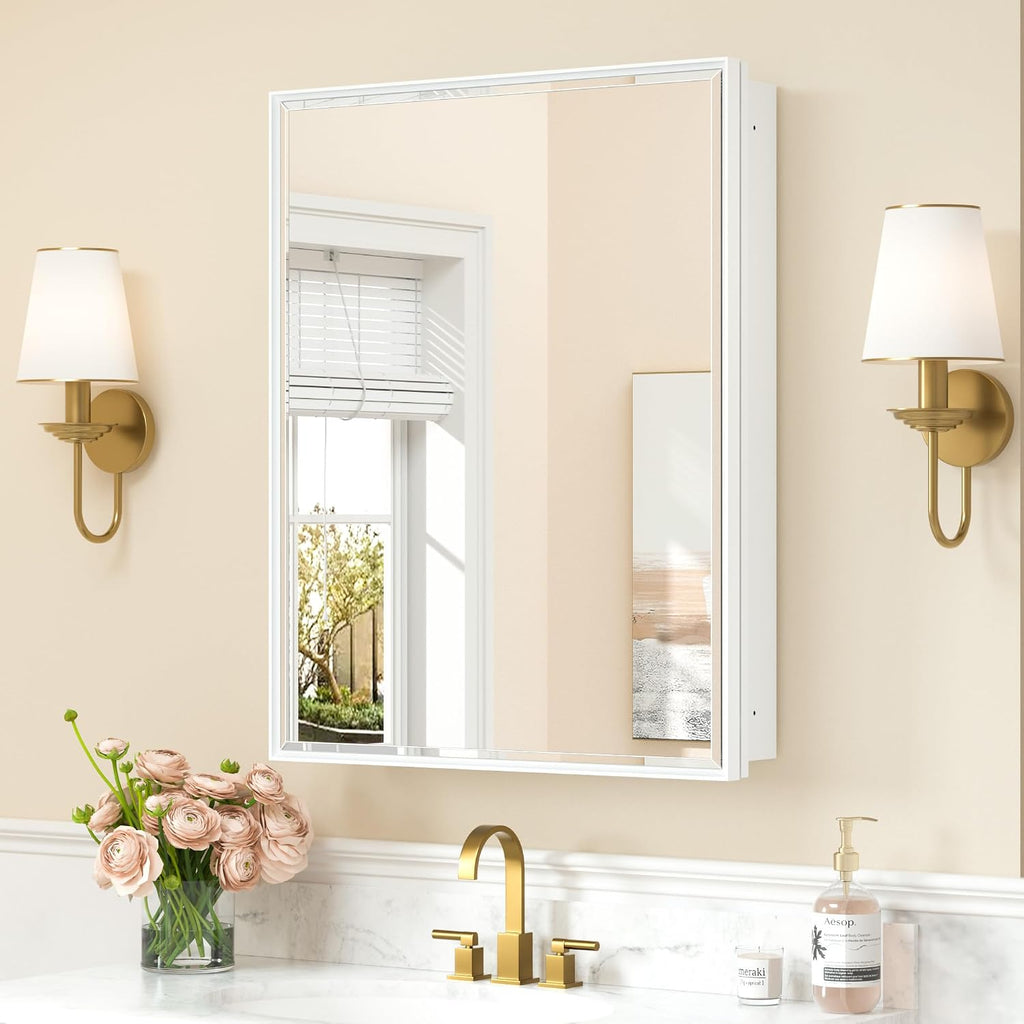 Keonjinn 24' x 30' White Bathroom Medicine Cabinets with Mirror Recessed or Surface Wall-Mounted Aluminum Alloy Metal Framed Beveled Bathroom Mirror, Large Single Door Farmhouse Storage Cabinet Mirror