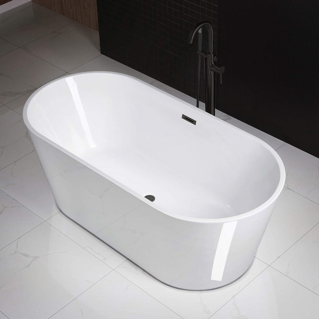 WOODBRIDGE 67' Acrylic Freestanding Bathtub Contemporary Soaking White Tub with Matte Black Overflow and Drain，B0013 -MB-Drain &O