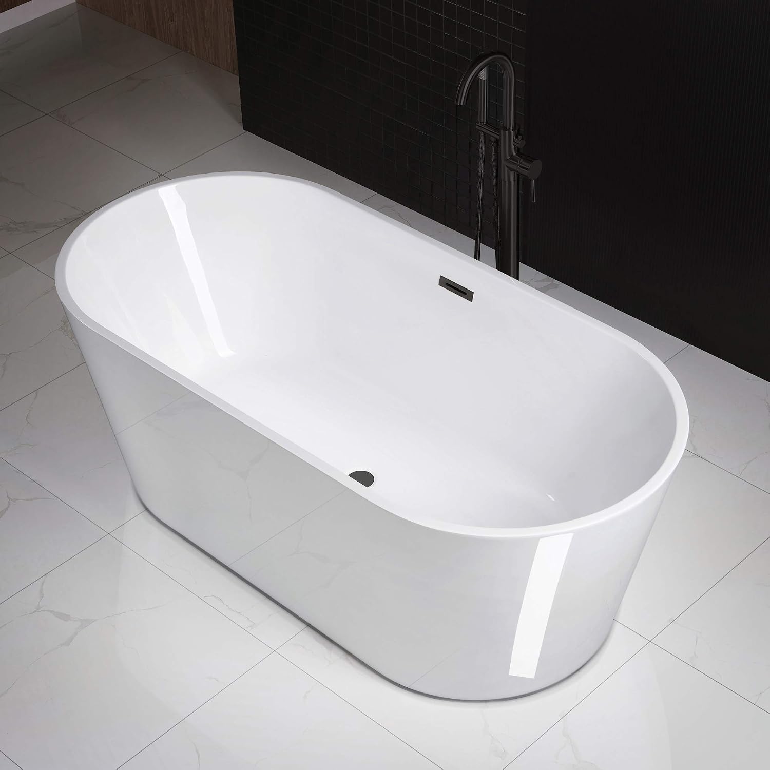 WOODBRIDGE 67' Acrylic Freestanding Bathtub Contemporary Soaking White Tub with Matte Black Overflow and Drain，B0013 -MB-Drain &O
