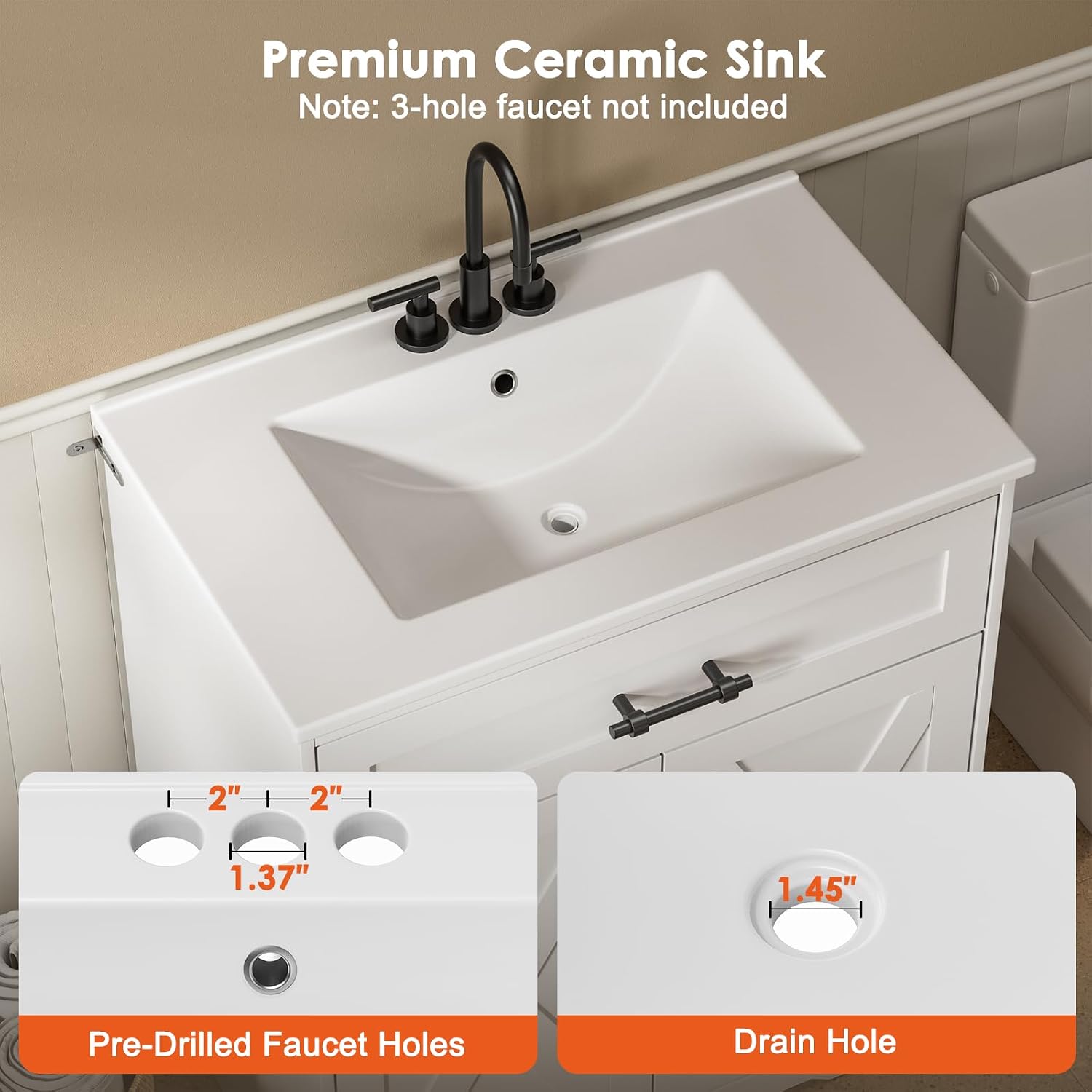 Amada 30″ Bathroom Vanity with Ceramic Sink, Farmhouse Undermount Vanity Sink Cabinet with 2 Doors and 1 Drawer, Free Standing Bathroom Cabinet with Sink Combo Set, White