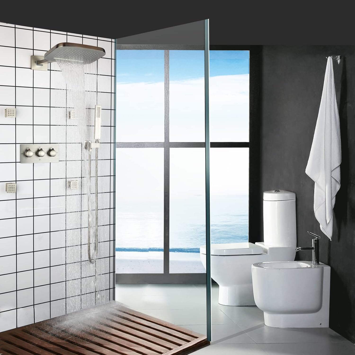 Brushed Waterfall Rain Shower Head With Handheld Spray Wall Mounted Brass 8X10 Inch Rainfall Showers System Massage Spa Body Combo Set
