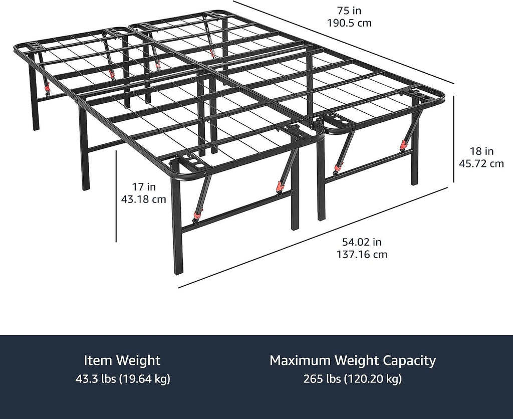 Amazon Basics Bed Frame with Storage, Foldable Metal Platform, Sturdy Steel, No Box Spring Needed, 18 inches High, Tool-Free Setup, Full Size, Black