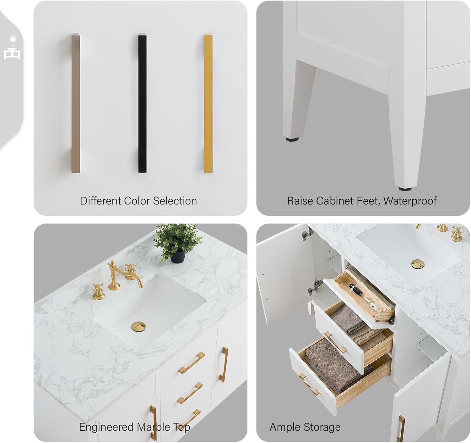 Vanity Art 48 inch Bathroom Vanity with Single Sink & Ceramic Top, Solid Wood, Vanity Cabinet with Soft-Closing Doors, Drawers, White, Golden Brushed Handware