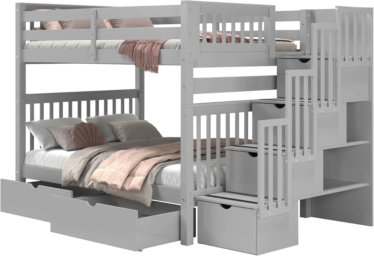 Bedz King Stairway Bunk Beds Full Over Full, 4 Step Drawers, 2 Storage Drawers, Gray