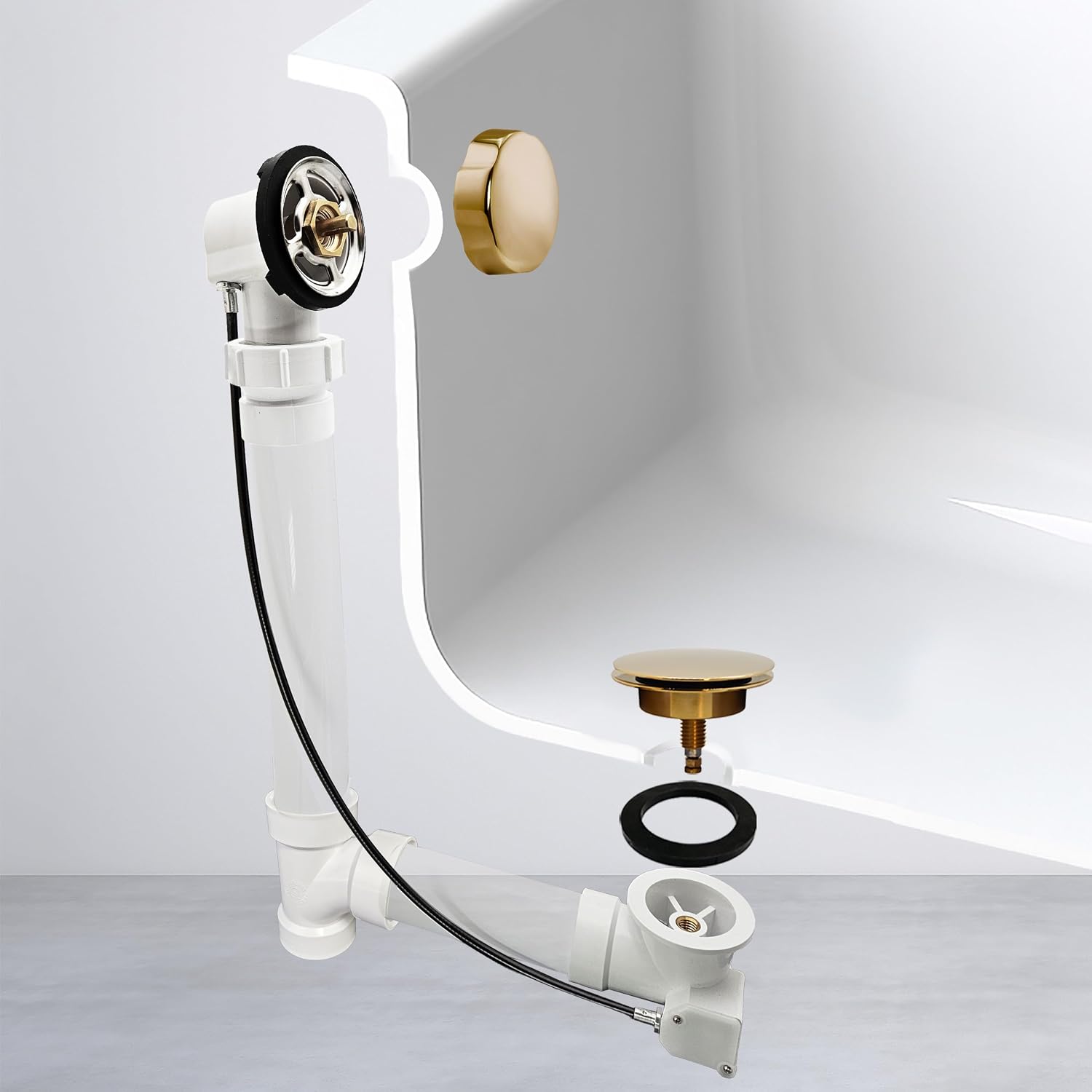 Westbrass A50P45BJ-01 1-1/2' Sch. 40 PVC 45' Cable Driven Bath Waste Kit with Ball Joint Head and Brass Trim Drain Kit, Polished Brass