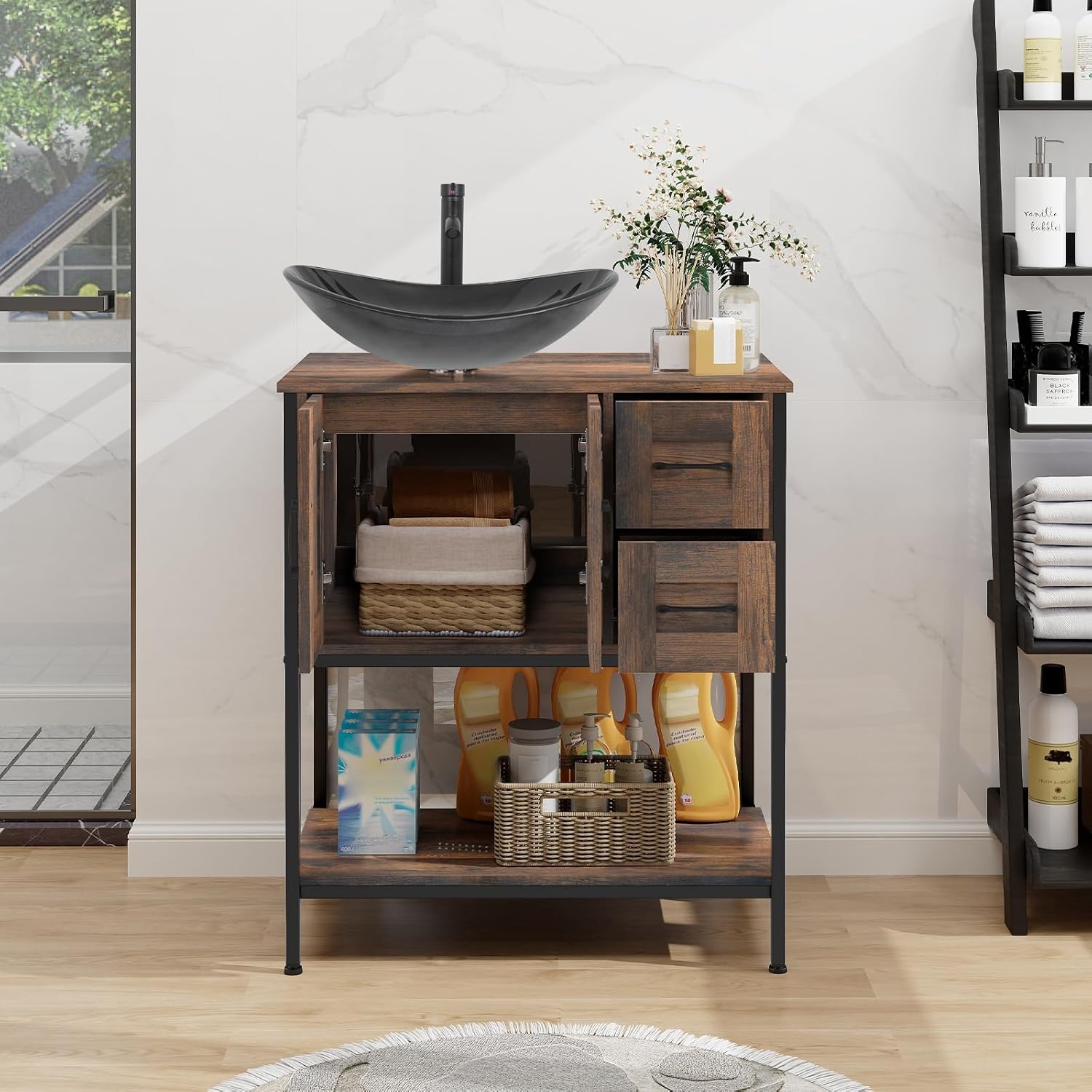 YOURLITE Bathroom Vanity, 30' Farmhouse Bathroom Vanity with Sink Combo Set, Rustic Brown Modern Wood Cabinet with Black-White Gradient Boat Sink
