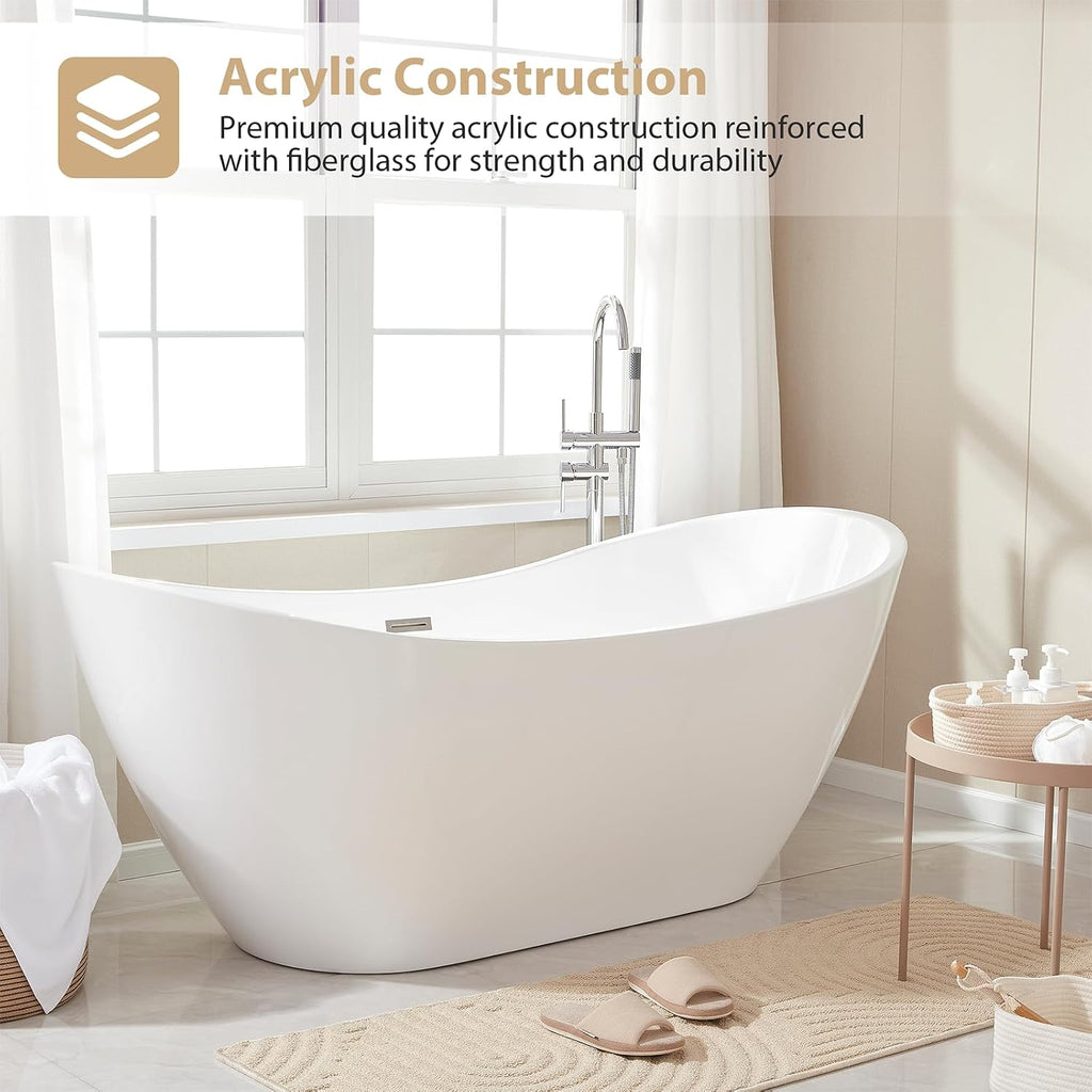 Vanity Art 71' Freestanding Bathtub | Free Standing Tub Stand Alone Tub with Contemporary Design for Soaking and Bathing, Overflow and Pop-up Drain with UPC Certified, Acrylic, VA6517-PW