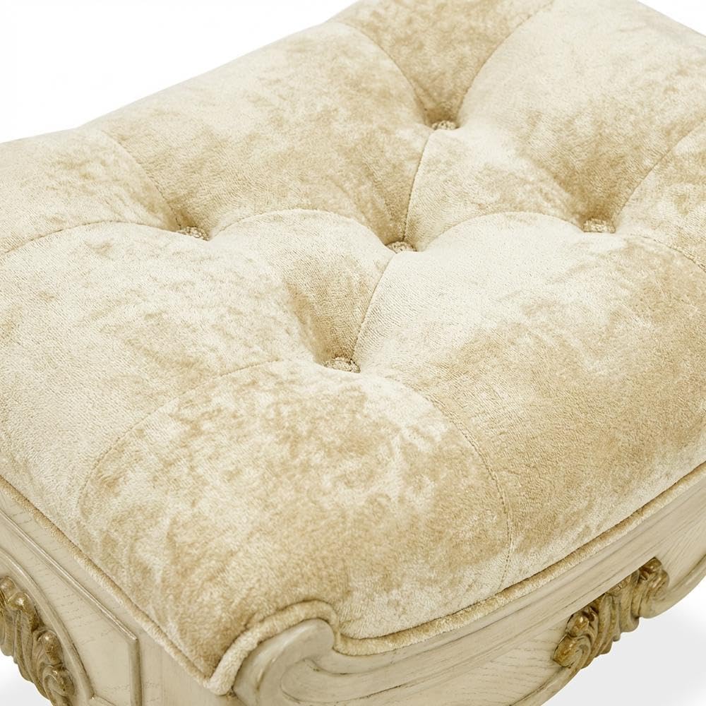 Michael Amini Platine de Royale Beige Champagne Vanity Bench Solid Rubberwood Frame Velvet Upholstery Comfortable Seating Elegant Design Durable Construction for Bedroom or Dressing Room