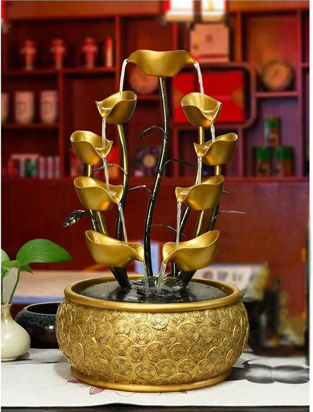 Tabletop Fountain Tabletop Fountain Creative Gold Leaf Flowing Water with Chinese Coin Pattern Decorative Base and Pump Desk Home Office Decor (Golden)(Large)