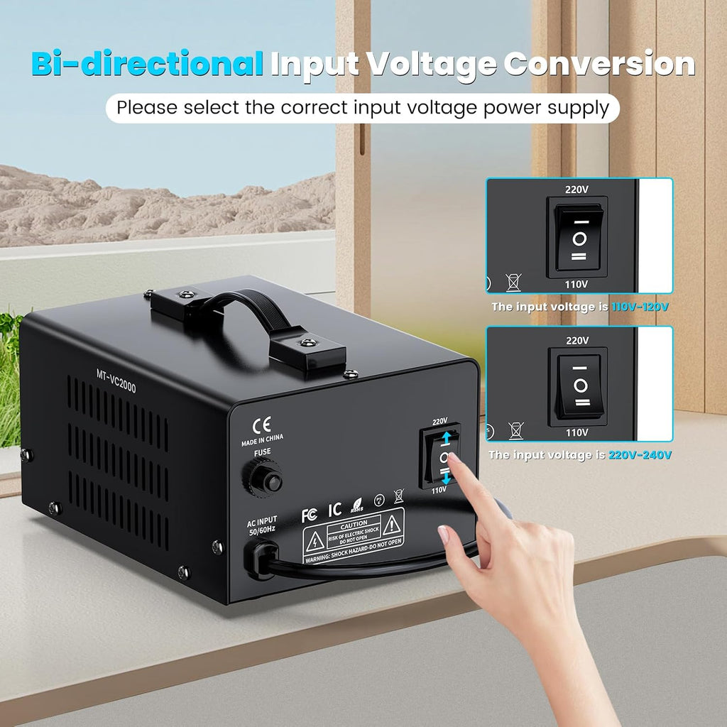 2000W Voltage Converter Transformer(110V to 220V or 220V to 110V) Step Up/Down Converter 110/120 Volt - 220/240 Volt w/US Power Cord,Circuit Breaker Protection, LCD Screen Display