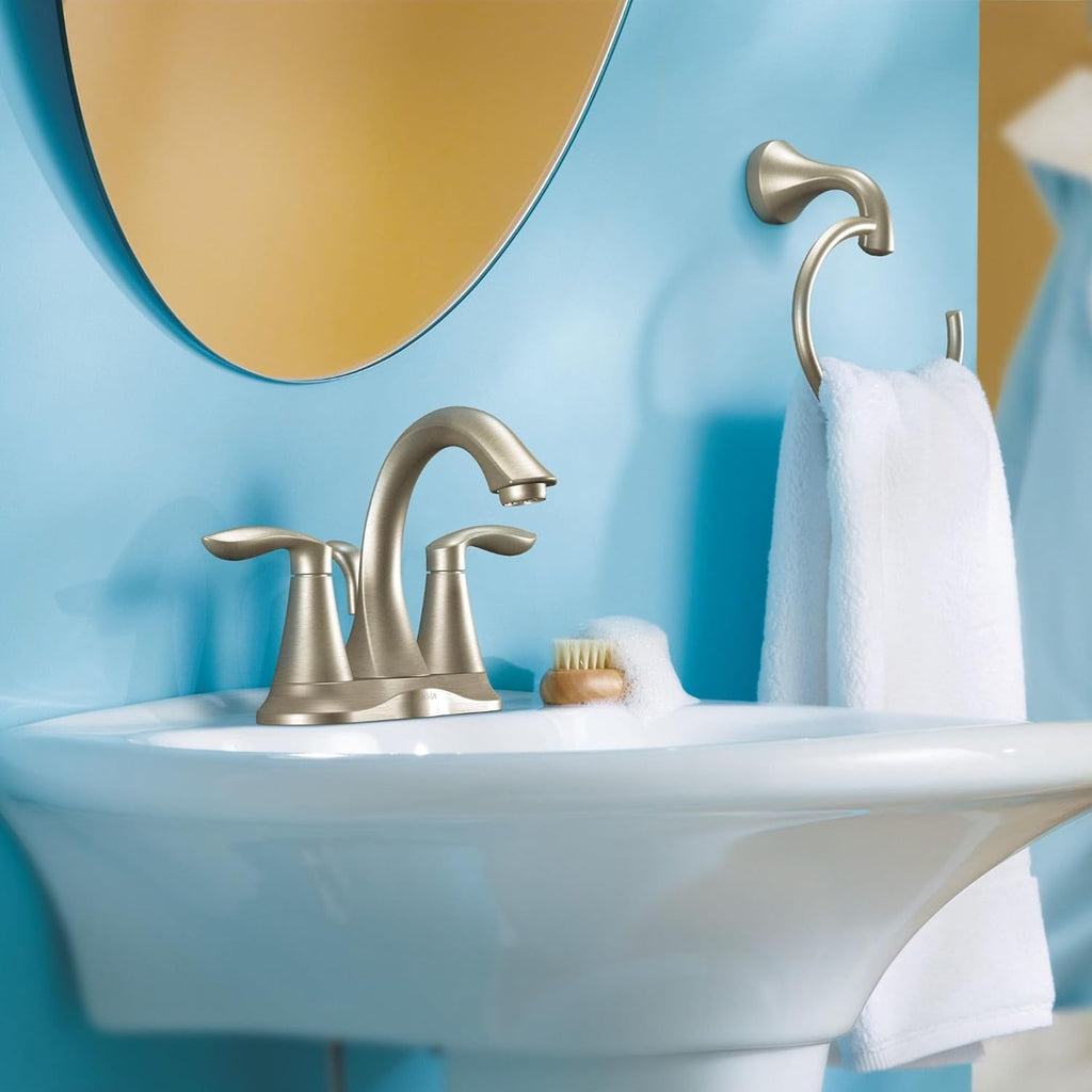 Moen Eva Brushed Nickel Two-Handle 4-Inch Centerset Bathroom Faucet with Drain Assembly, Bathroom Faucets for Sink 3-Hole, 6410BN